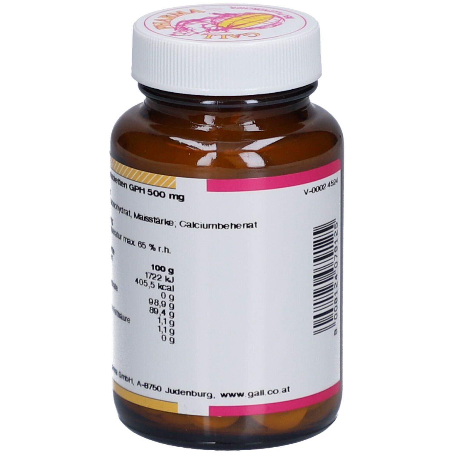 Braune Glasflasche mit weißem Etikett. Aufschrift: Placebotabletten GPH 500 mg. Nährwertangaben und Inhaltsstoffe.
