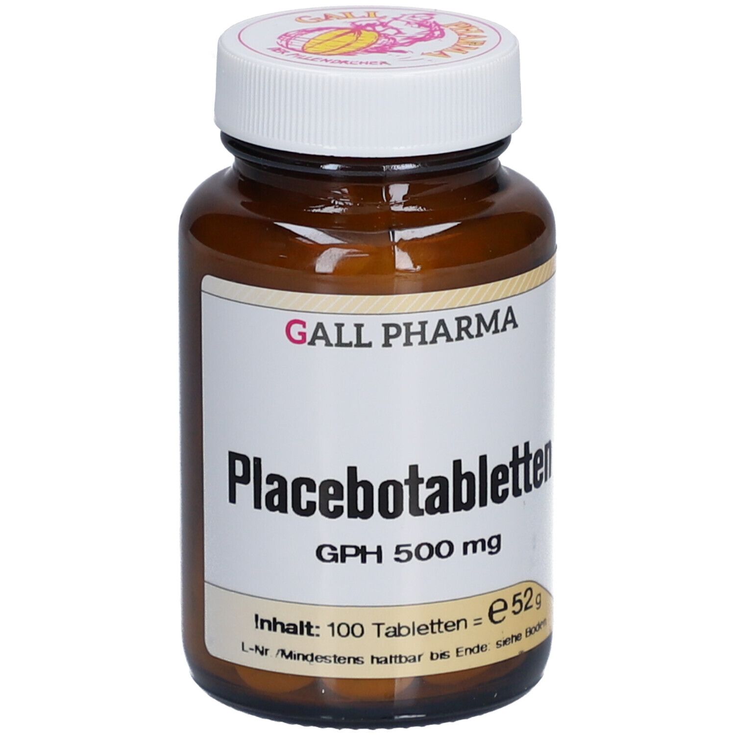 Braune Glasflasche mit weißem Etikett. Aufschrift: Placebotabletten GPH 500 mg. 100 Tabletten.