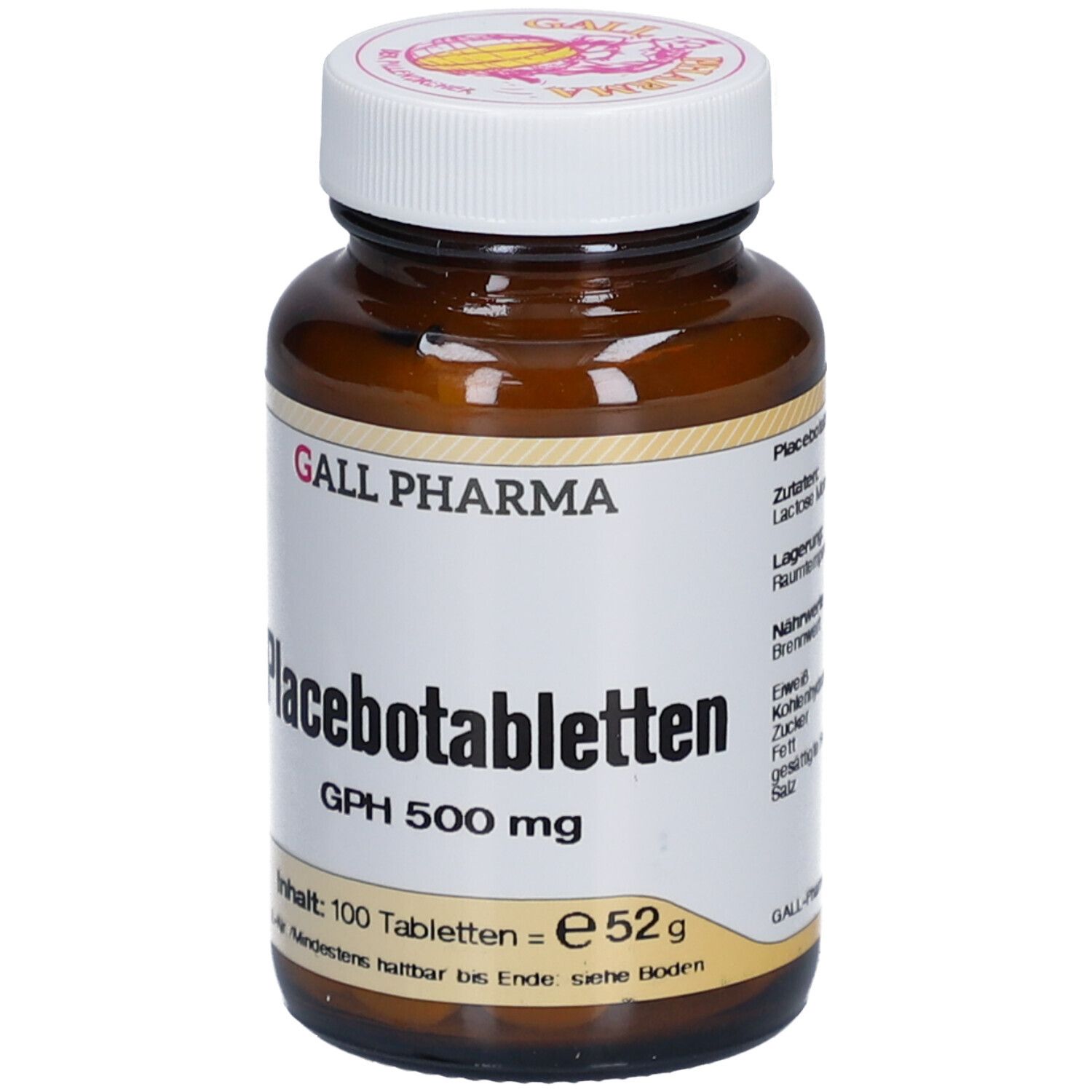 Braune Glasflasche mit weißem Etikett. Aufschrift: Placebotabletten GPH 500 mg. 100 Tabletten. Zutatenliste.