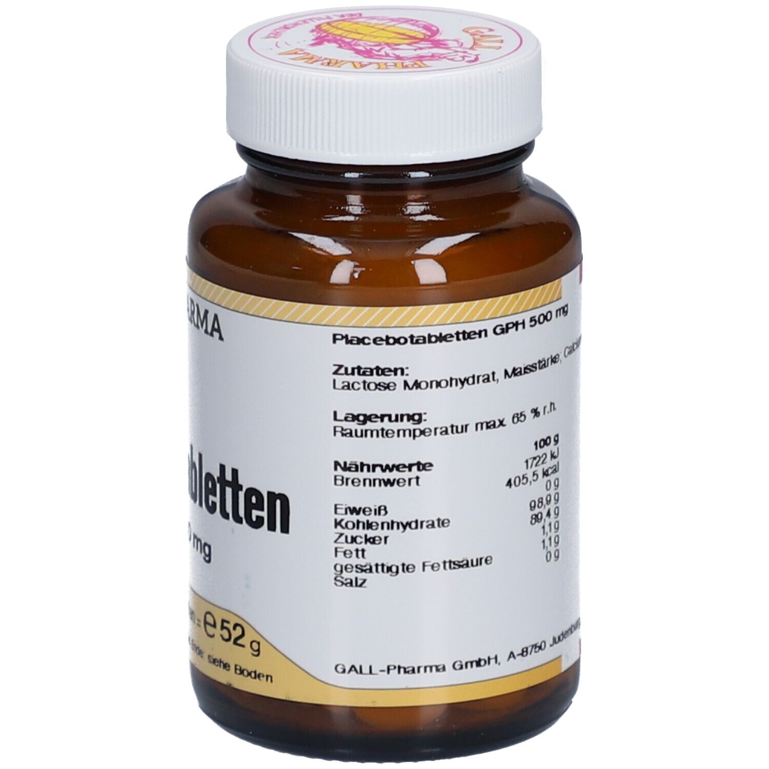 Braune Glasflasche mit weißem Etikett. Aufschrift: Placebotabletten GPH 500 mg. Nährwertangaben und Zutaten.