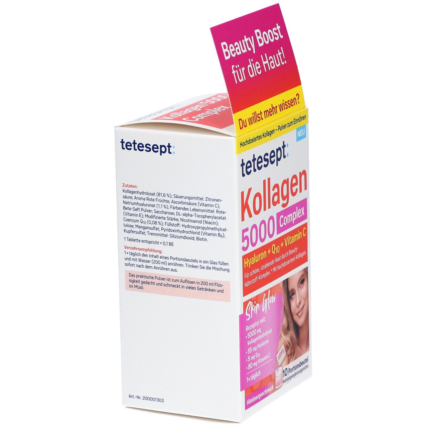 tetesept® Kollagen 5000 Complex. Geöffnete Verpackung mit Produktinformationen. Rosa-weiße Verpackung mit Text und Bild einer Frau.