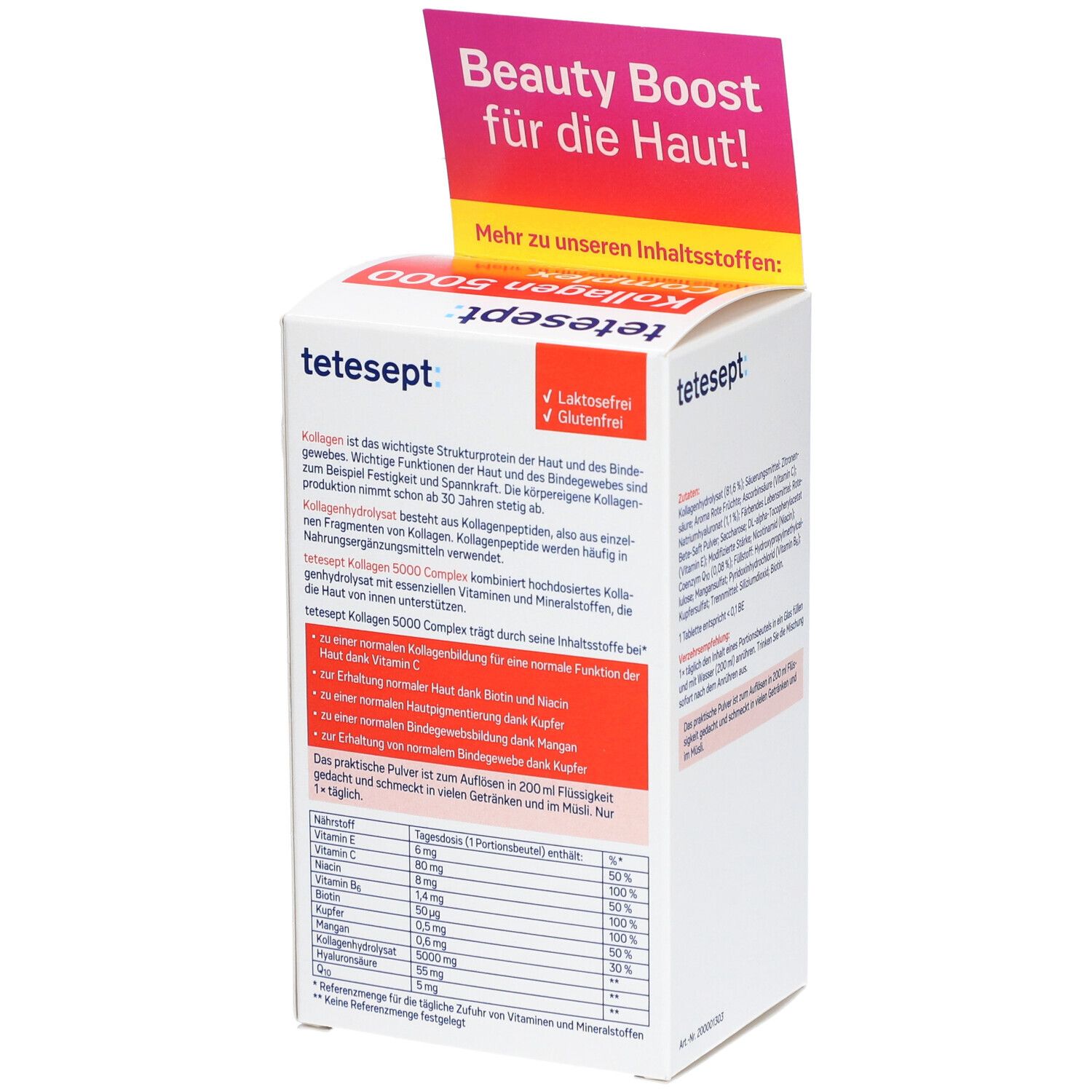 tetesept® Kollagen 5000 Complex. Verpackung mit Text und Produktinformationen. Rosa-weiße Verpackung mit Text und Bild einer Frau.