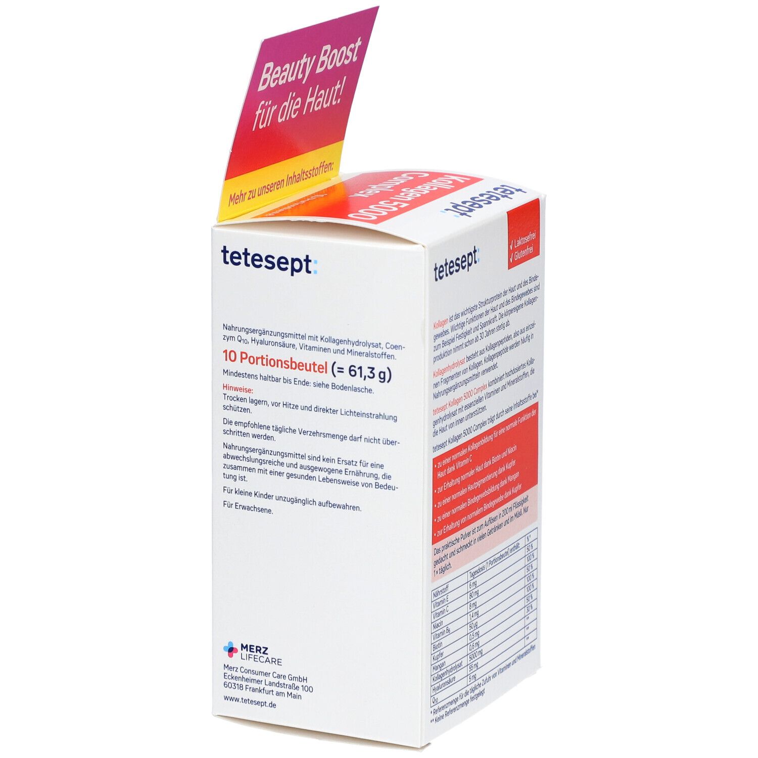 tetesept® Kollagen 5000 Complex. Verpackung mit Text und Produktinformationen. Rosa-weiße Verpackung mit Text und Bild einer Frau.