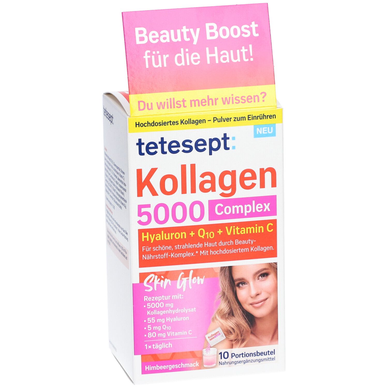 tetesept® Kollagen 5000 Complex. Karton mit Produktinformationen und Aufdrucken. Rosa-weiße Verpackung mit Text und Bild einer Frau.