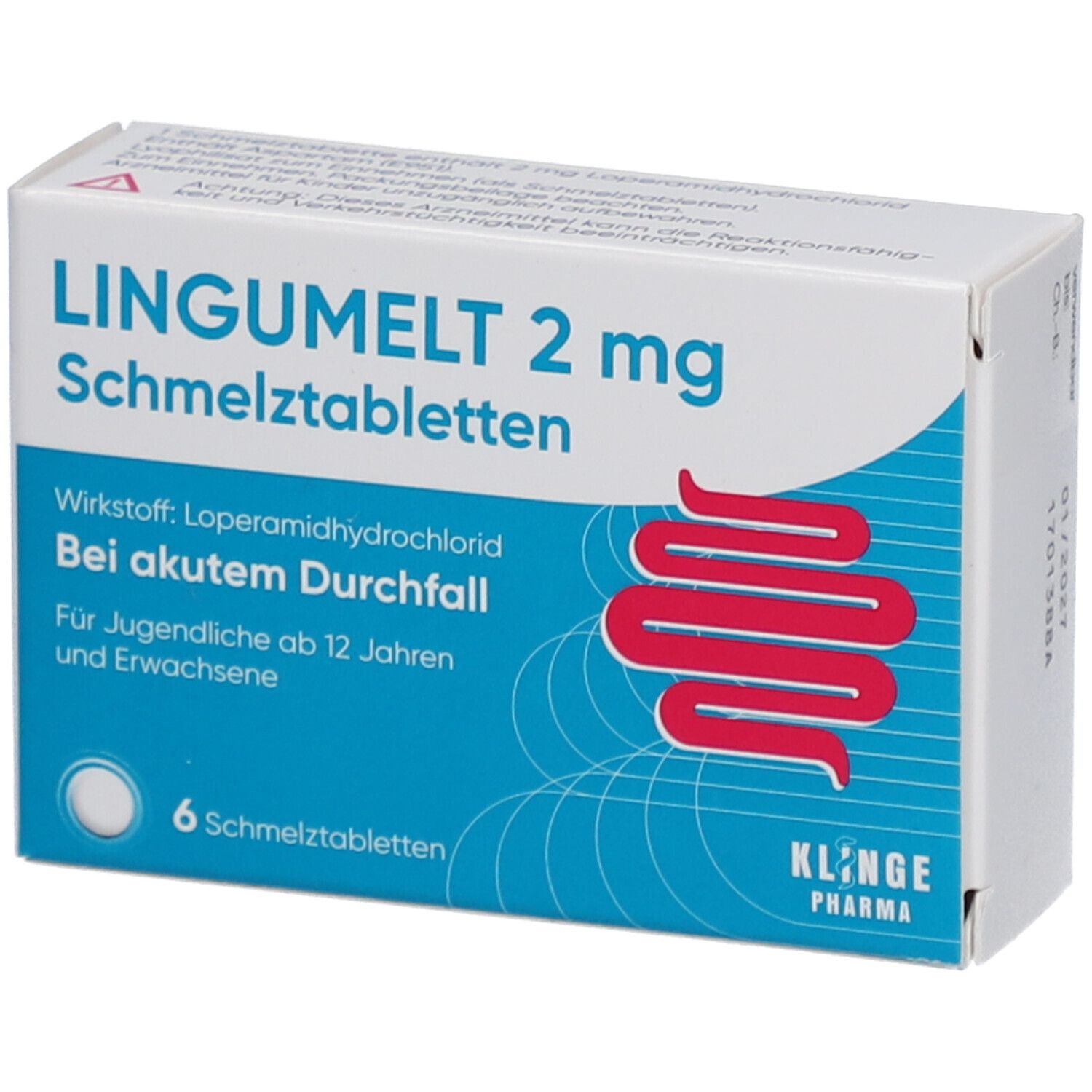Schachtel Lingumelt 2 mg Schmelztabletten. 6 Tabletten. Rote Darm-Illustration. Klinge Pharma Logo.