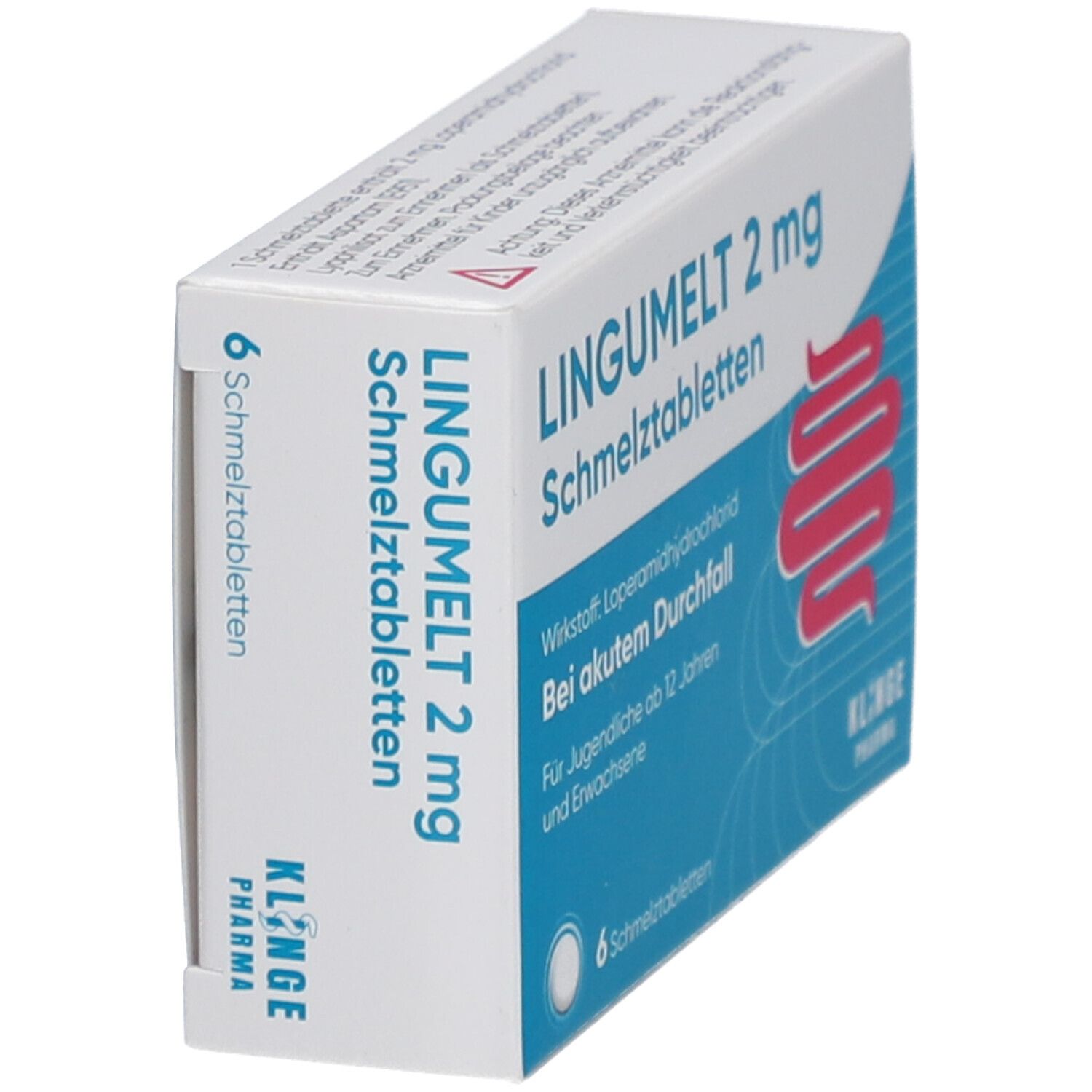 Schachtel Lingumelt 2 mg Schmelztabletten. 6 Tabletten. Klinge Pharma Logo. Seitenansicht.