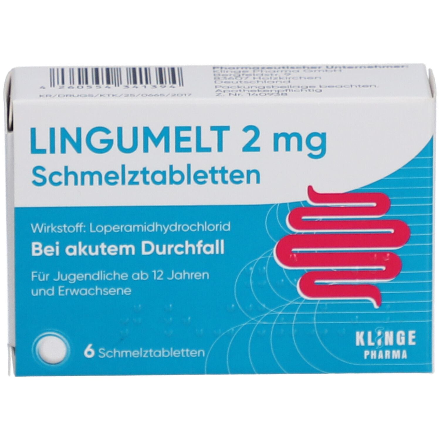 Schachtel Lingumelt 2 mg Schmelztabletten. 6 Tabletten. Rote Darm-Illustration. Klinge Pharma Logo.