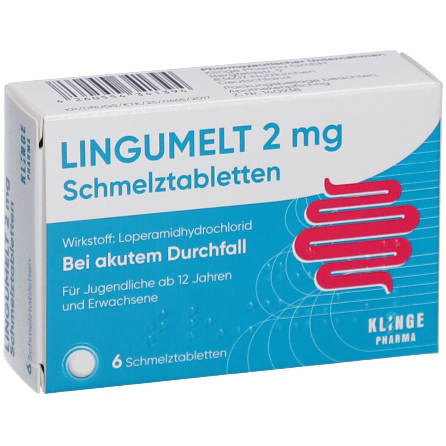 Schachtel Lingumelt 2 mg Schmelztabletten. 6 Tabletten. Klinge Pharma Logo. Seitenansicht.
