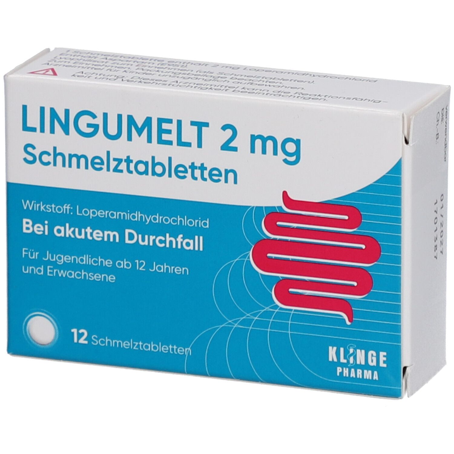 Schachtel mit "LINGUMELT 2 mg Schmelztabletten". Enthält 12 Tabletten. Aufdruck: "Bei akutem Durchfall". Marke: KLINGE Pharma.