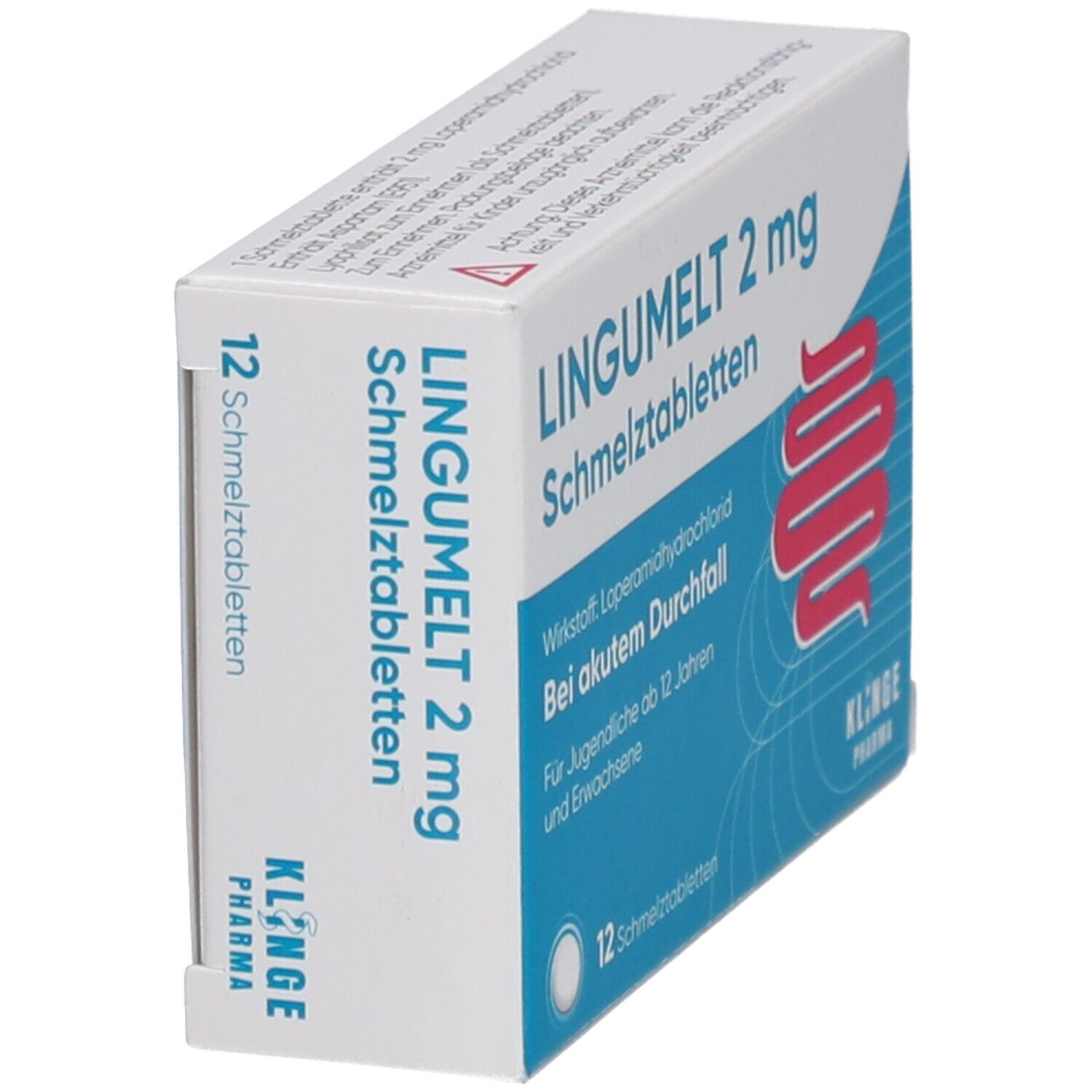Schachtel "LINGUMELT 2 mg Schmelztabletten". Enthält 12 Tabletten. Aufdruck: "Bei akutem Durchfall". Marke: KLINGE Pharma. Ansicht schräg.