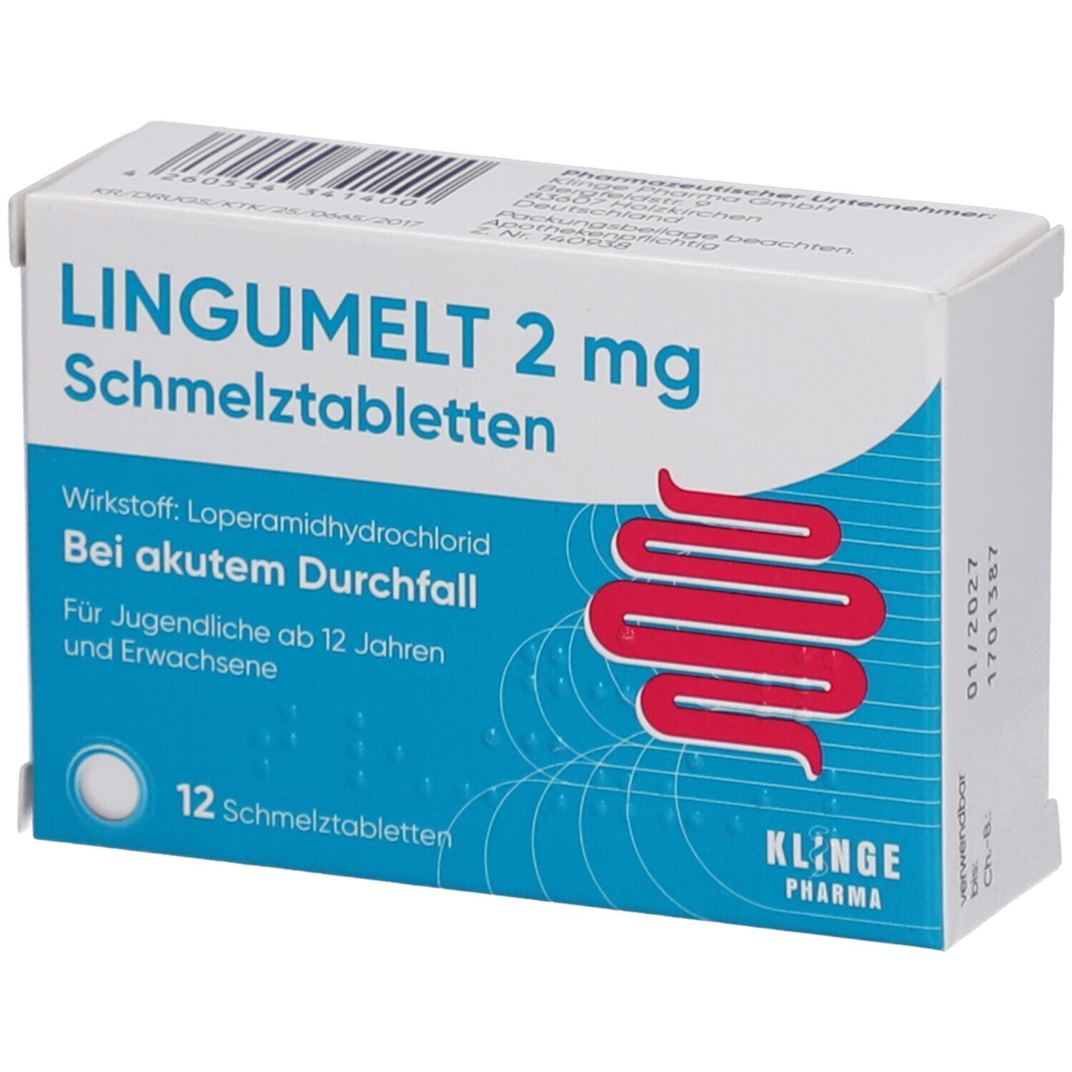 Schachtel "LINGUMELT 2 mg Schmelztabletten". Enthält 12 Tabletten. Aufdruck: "Bei akutem Durchfall". Marke: KLINGE Pharma.