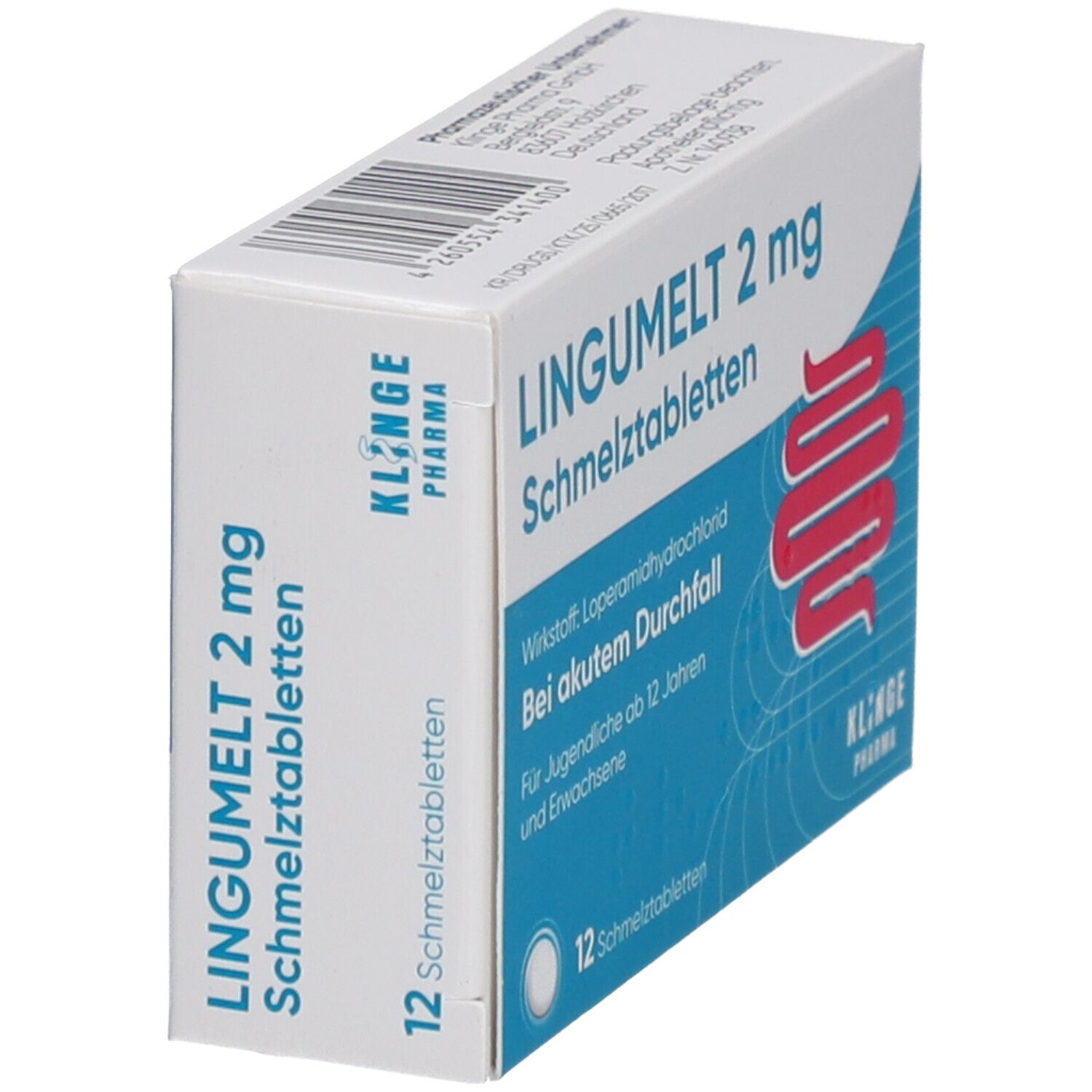 Schachtel "LINGUMELT 2 mg Schmelztabletten". Enthält 12 Tabletten. Aufdruck: "Bei akutem Durchfall". Marke: KLINGE Pharma. Ansicht schräg.