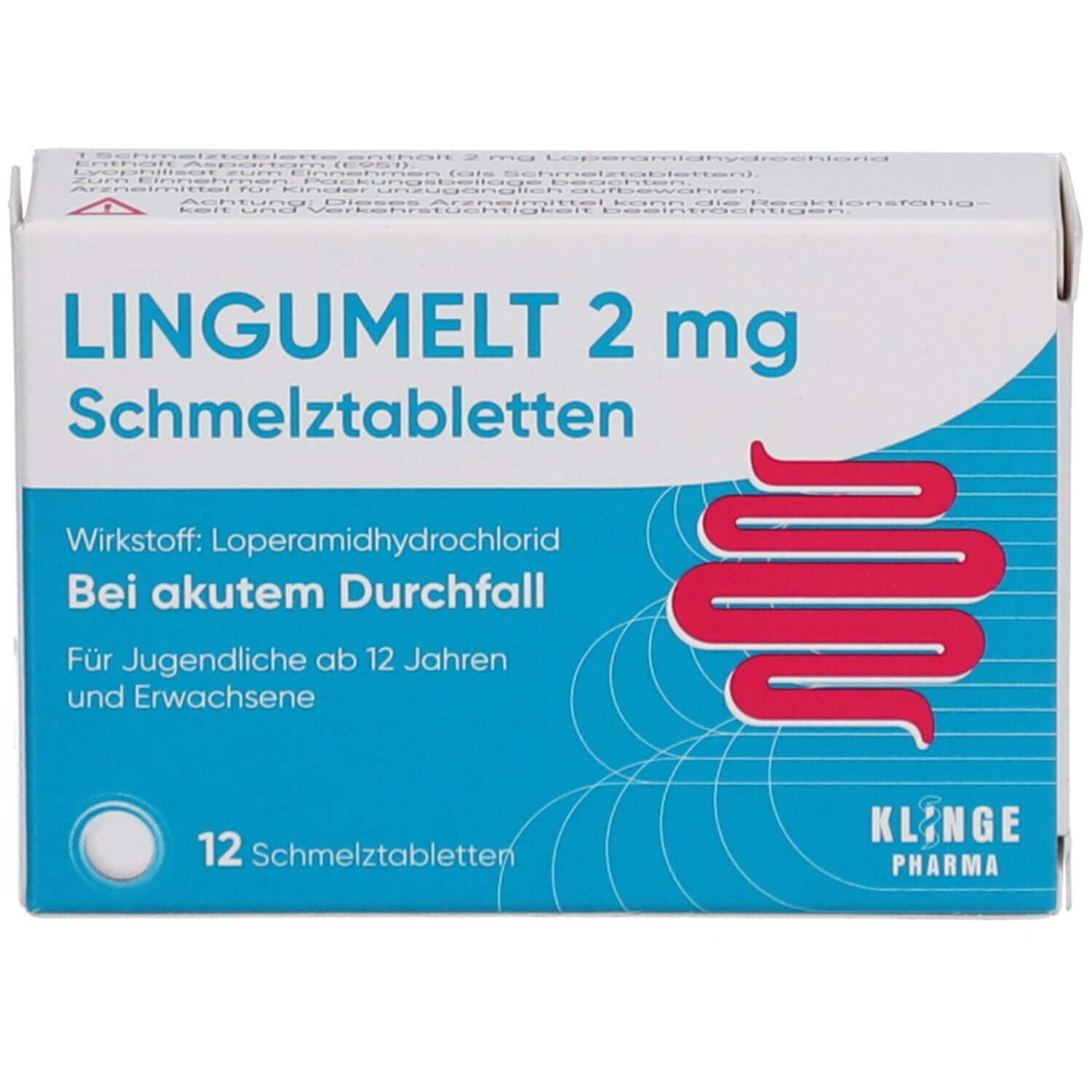 Schachtel "LINGUMELT 2 mg Schmelztabletten". Enthält 12 Tabletten. Aufdruck: "Bei akutem Durchfall". Marke: KLINGE Pharma.