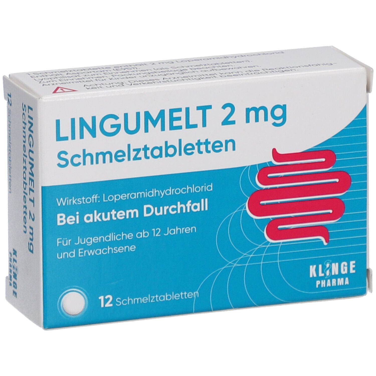 Schachtel "LINGUMELT 2 mg Schmelztabletten". Enthält 12 Tabletten. Aufdruck: "Bei akutem Durchfall". Marke: KLINGE Pharma.