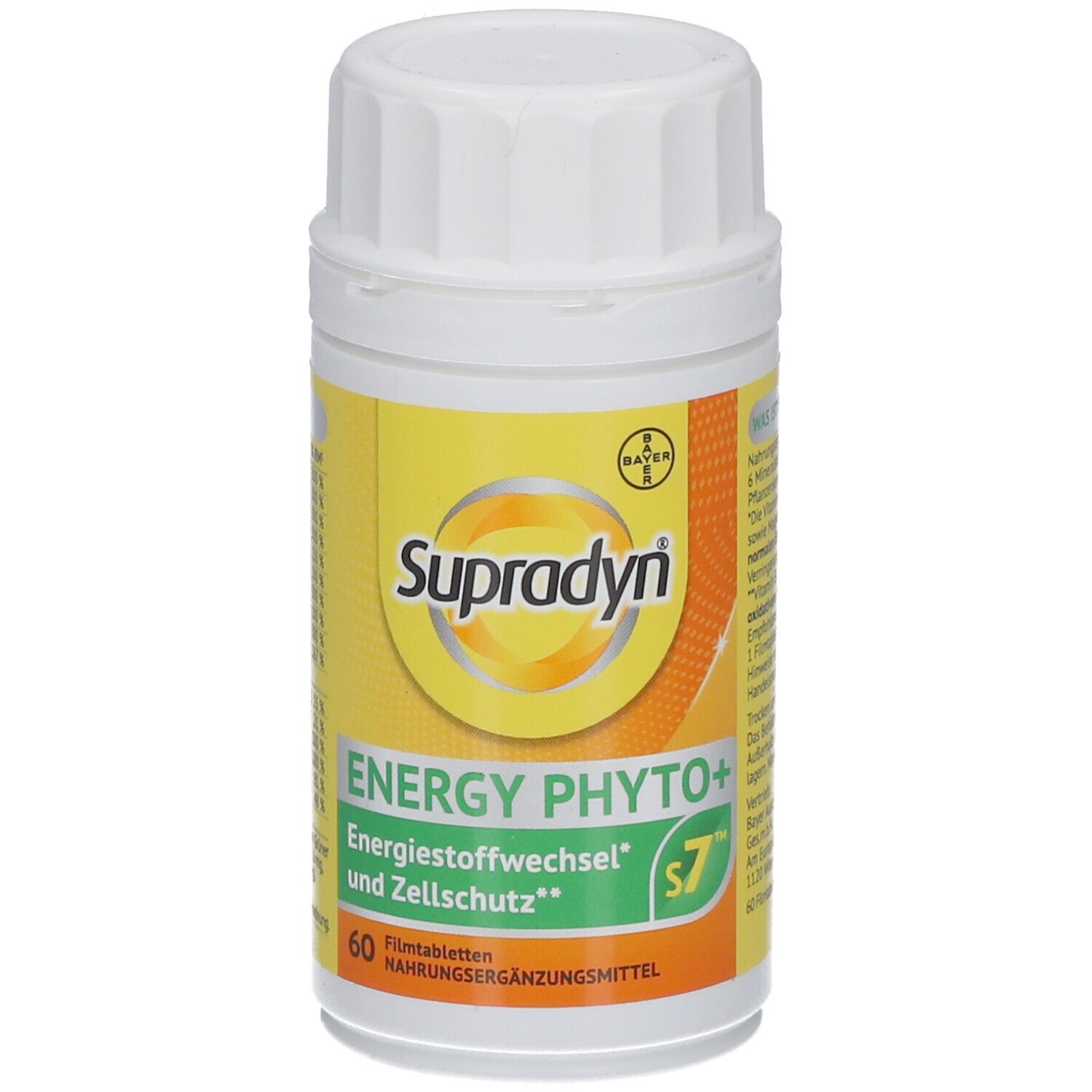 Weiße Flasche mit gelbem Etikett. Aufschrift: Supradyn, Energy Phyto+, 60 Filmtabletten. Bayer-Logo.