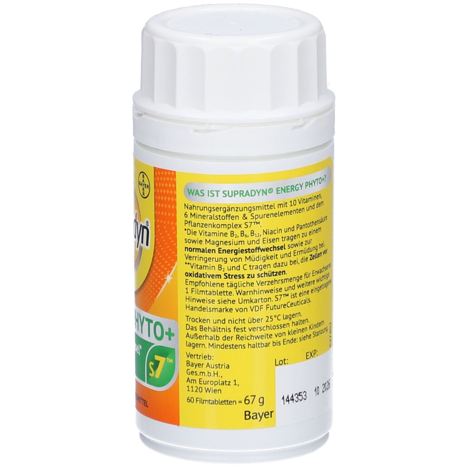 Rückseite der weißen Flasche. Gelbes Etikett mit Produktinformationen. Aufschrift: Supradyn Energy Phyto+.