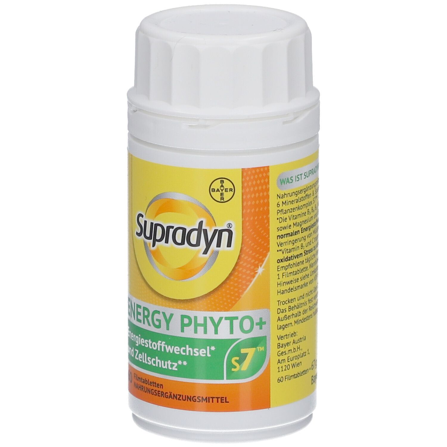 Weiße Flasche mit gelbem Etikett. Aufschrift: Supradyn, Energy Phyto+, 60 Filmtabletten. Bayer-Logo.
