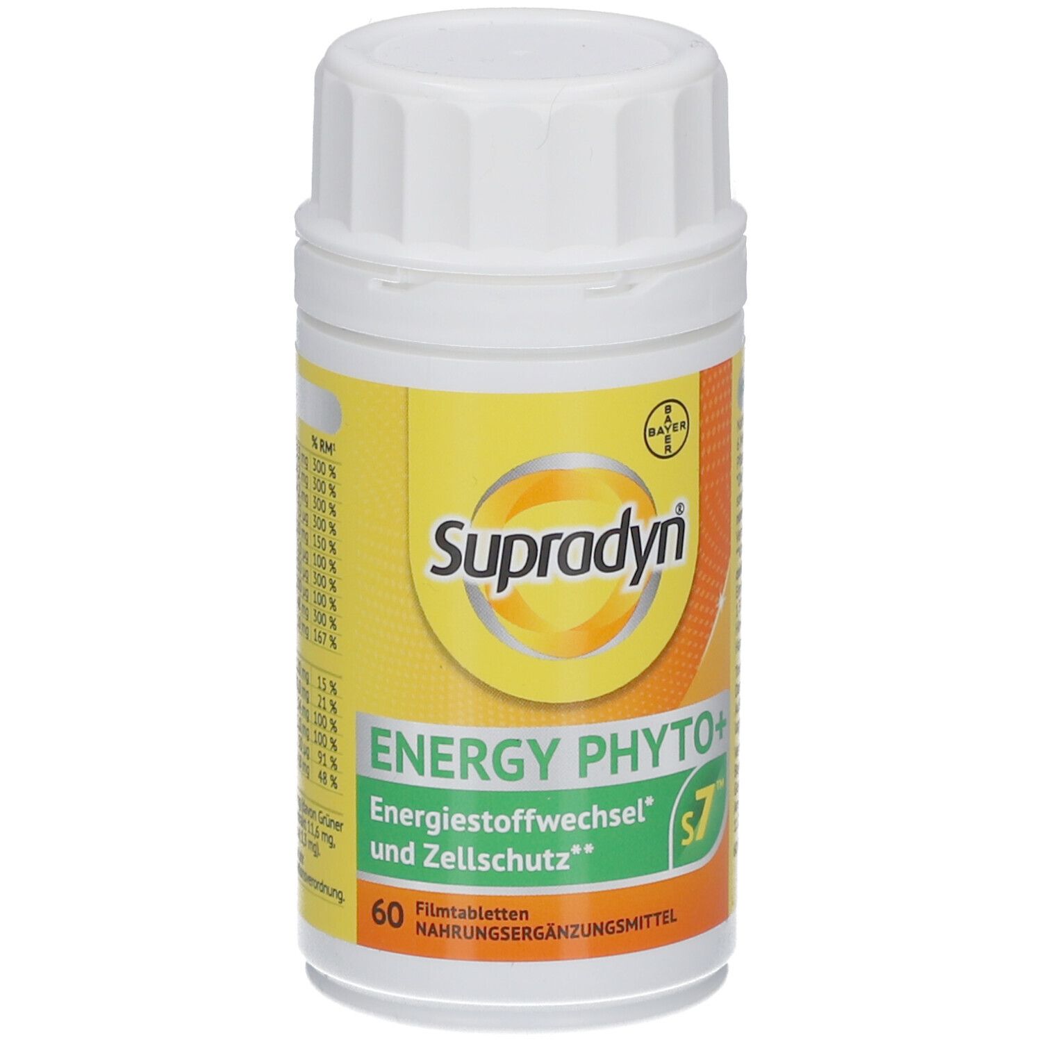 Weiße Flasche mit gelbem Etikett. Aufschrift: Supradyn, Energy Phyto+, 60 Filmtabletten. Bayer-Logo.