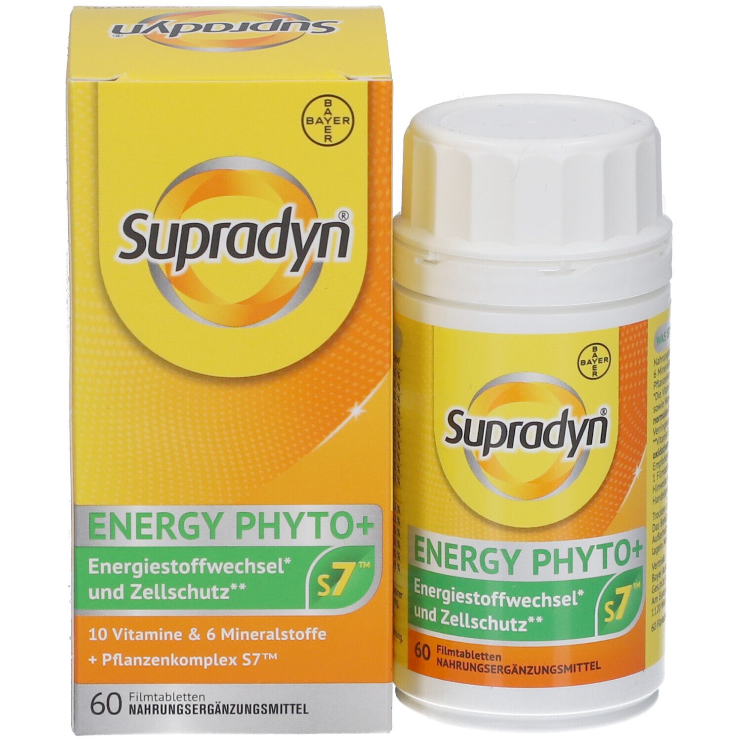 Produktverpackung und Flasche. Gelbe Verpackung mit Aufschrift: Supradyn, Energy Phyto+, 60 Filmtabletten. Bayer-Logo.