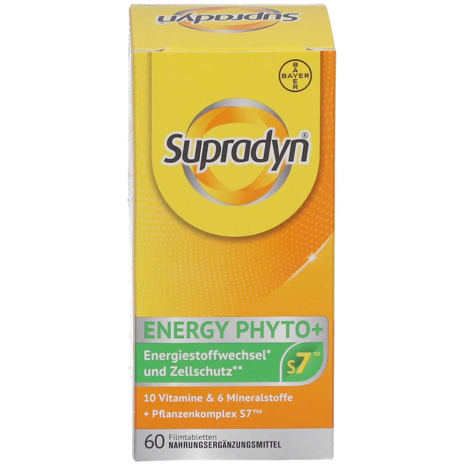 Gelbe Produktverpackung. Aufschrift: Supradyn, Energy Phyto+, 60 Filmtabletten. Bayer-Logo. Enthält 10 Vitamine & 6 Mineralstoffe.