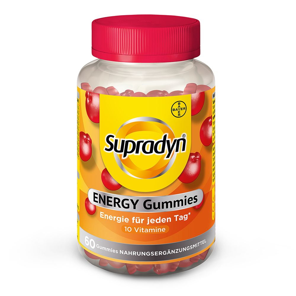Klare Plastikflasche mit rotem Deckel. Gelbes Etikett mit "Supradyn" und "ENERGY Gummies". 60 Gummies.