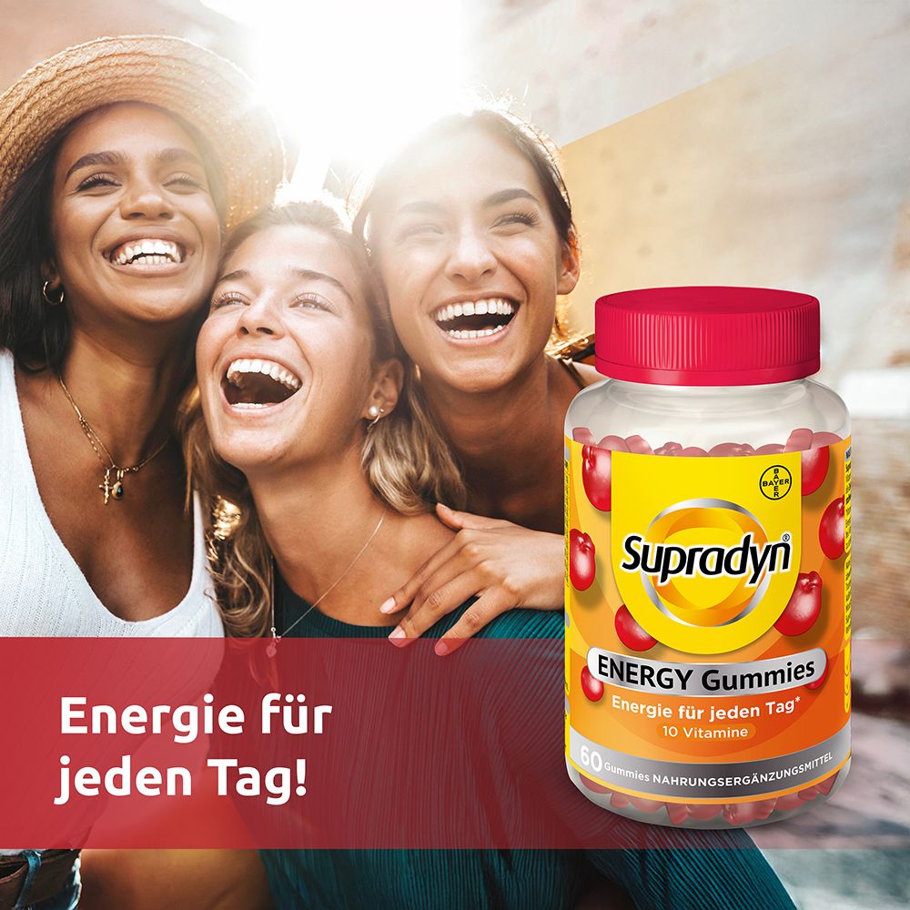 Drei lachende Frauen. Flasche "Supradyn ENERGY Gummies" im Vordergrund. Text: "Energie für jeden Tag!"