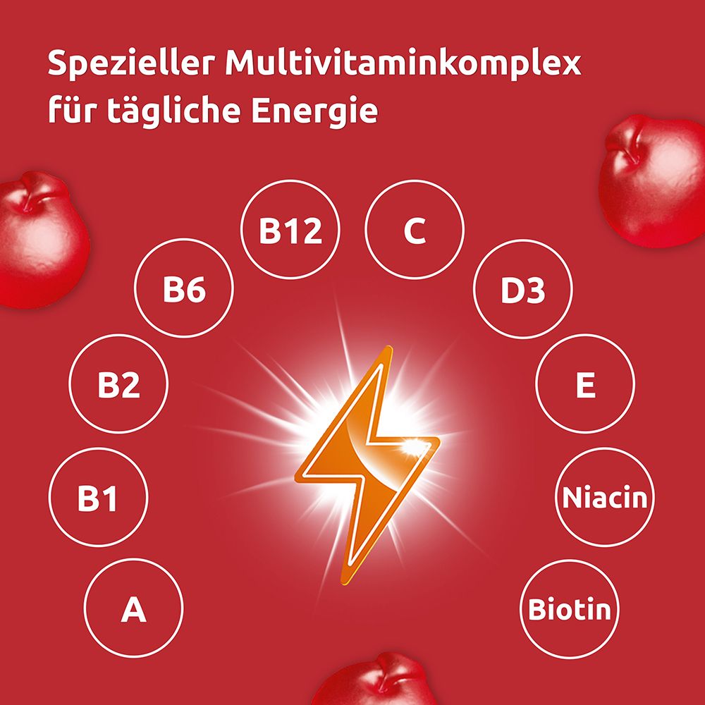 Grafik mit Vitaminen: B12, C, D3, E, Niacin, Biotin, B6, B2, B1, A. Zentral: Blitzsymbol.