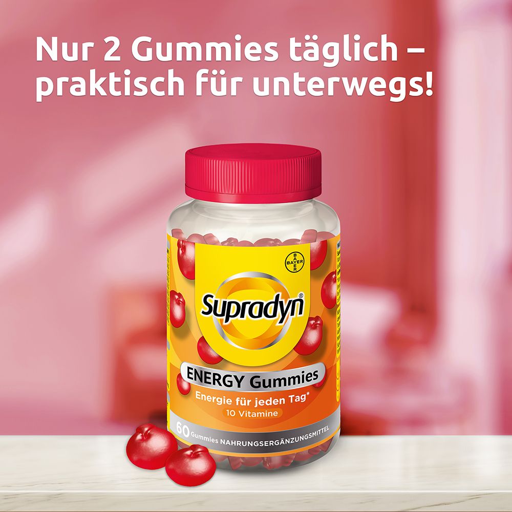 Flasche "Supradyn ENERGY Gummies" auf Tisch. Text: "Nur 2 Gummies täglich - praktisch für unterwegs!"