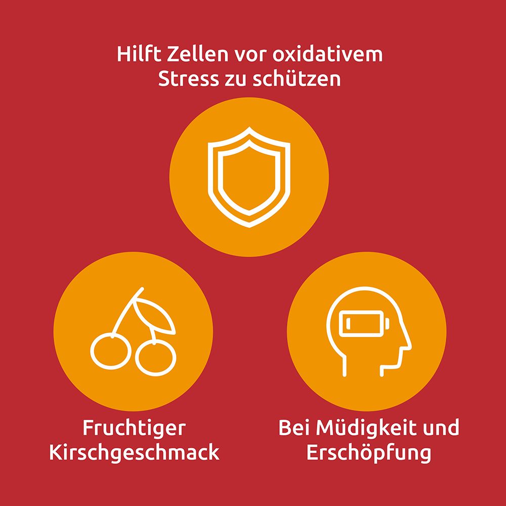 Drei Kreise mit Symbolen: Schild, Kirschen, Kopf mit Batterie. Text: Schutz, Geschmack, Müdigkeit.