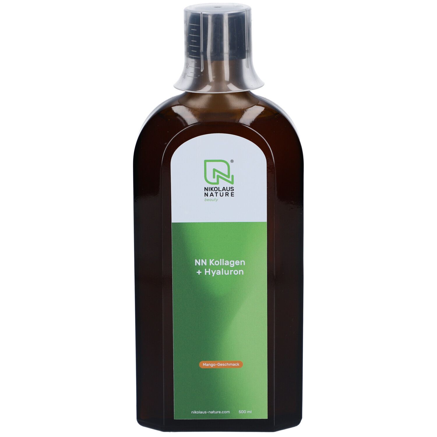 Braune Flasche mit Etikett. Aufschrift: NN Kollagen + Hyaluron. Logo: Nikolaus Nature.