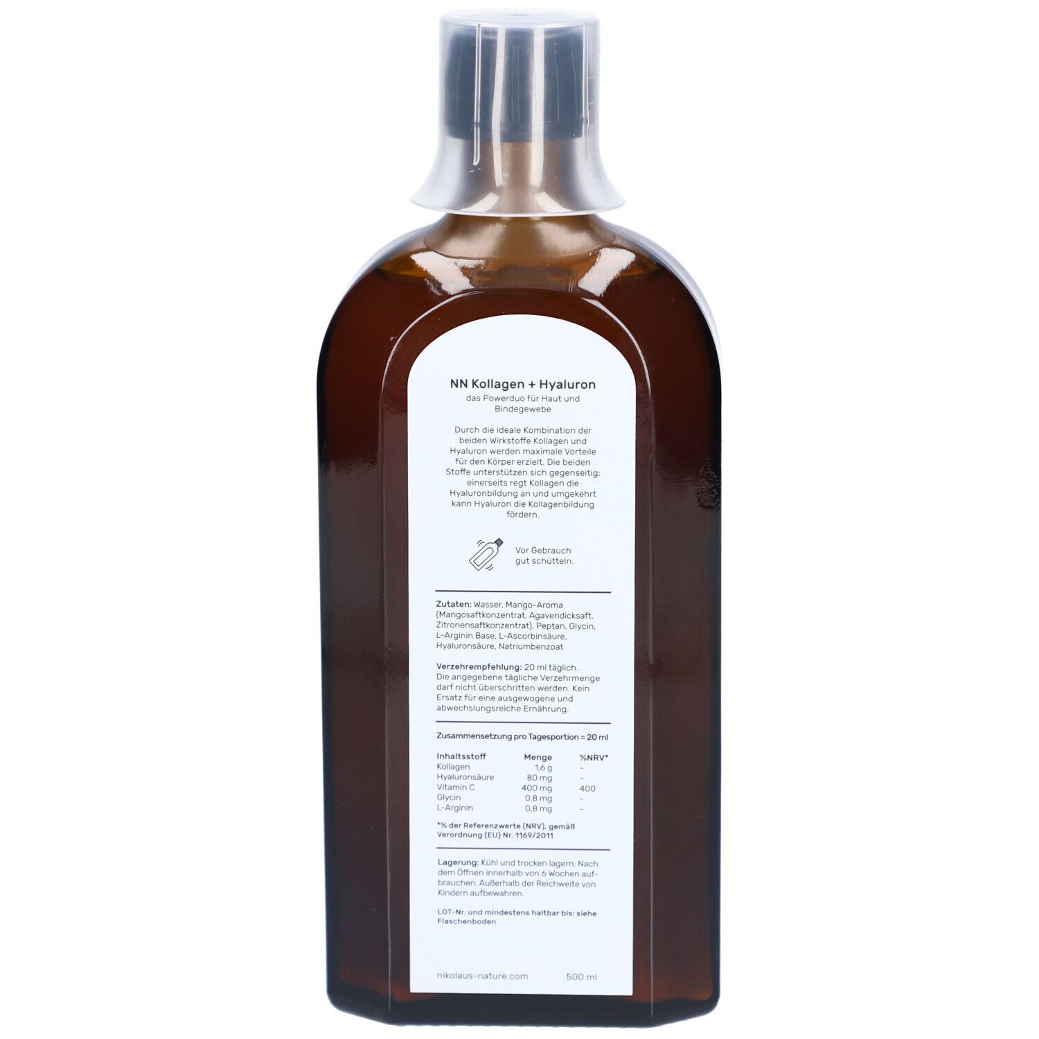 Rückseite der braunen Flasche. Etikett mit Text und Inhaltsstoffen. Aufschrift: NN Kollagen + Hyaluron.