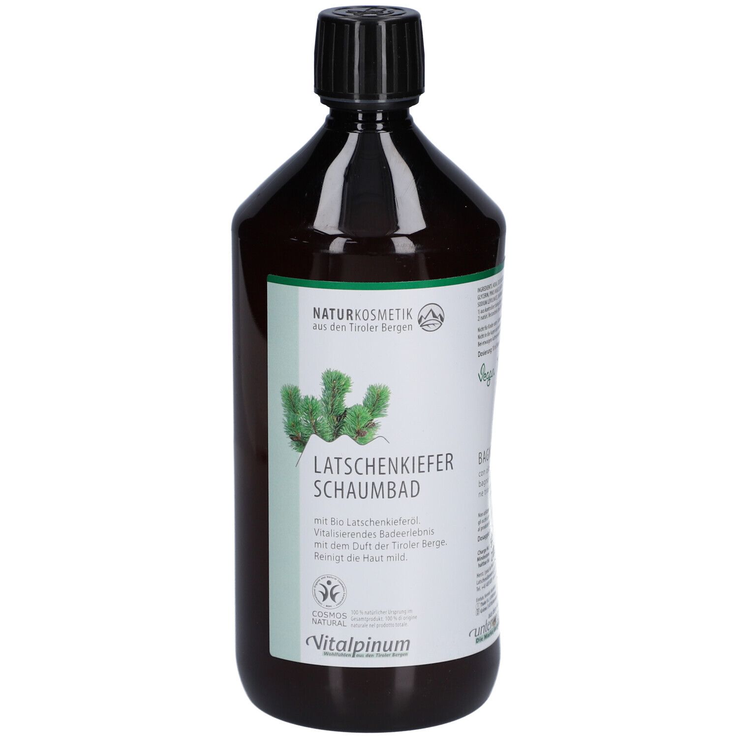 Braune Flasche mit schwarzem Deckel. Etikett mit Produktnamen: Latschenkiefer Schaumbad. Naturkosmetik.