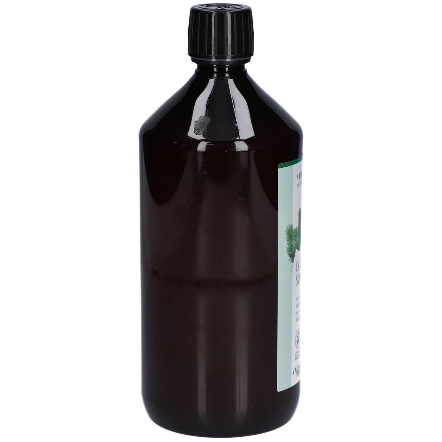 Braune Flasche mit schwarzem Deckel. Seitenansicht. Etikett teilweise sichtbar.