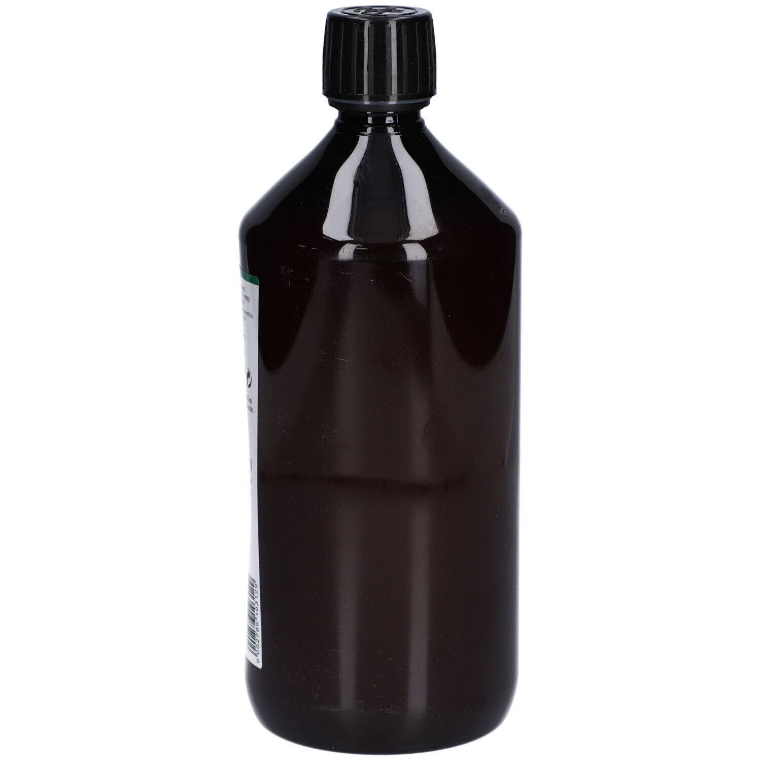 Braune Flasche mit schwarzem Deckel. Seitenansicht. Etikett nicht sichtbar.