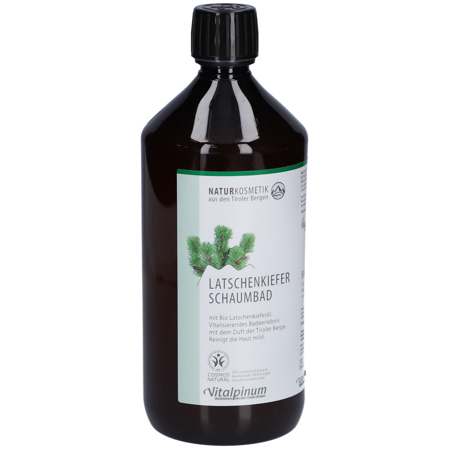 Braune Flasche mit schwarzem Deckel. Etikett mit Produktnamen: Latschenkiefer Schaumbad. Naturkosmetik.
