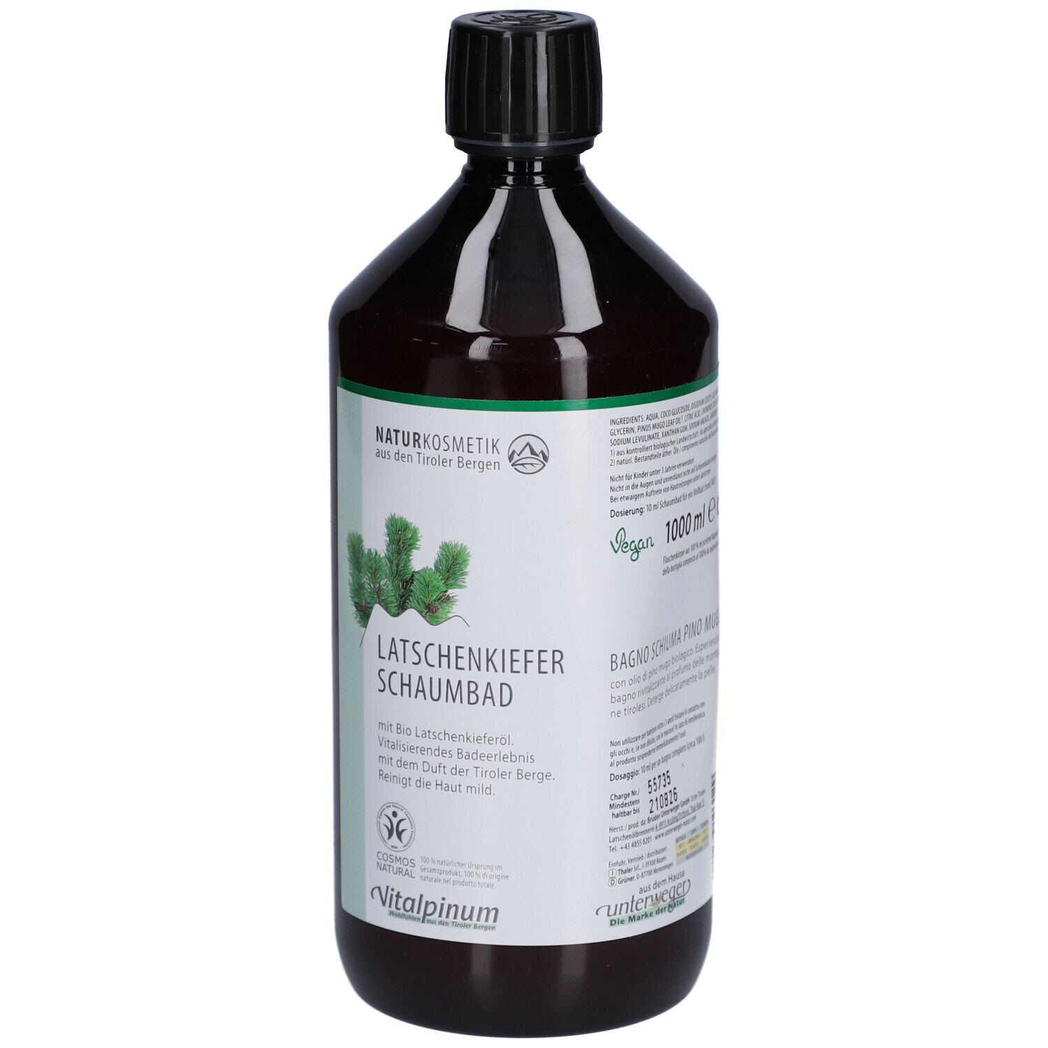 Braune Flasche mit schwarzem Deckel. Etikett mit Produktnamen: Latschenkiefer Schaumbad. Vegan-Siegel.