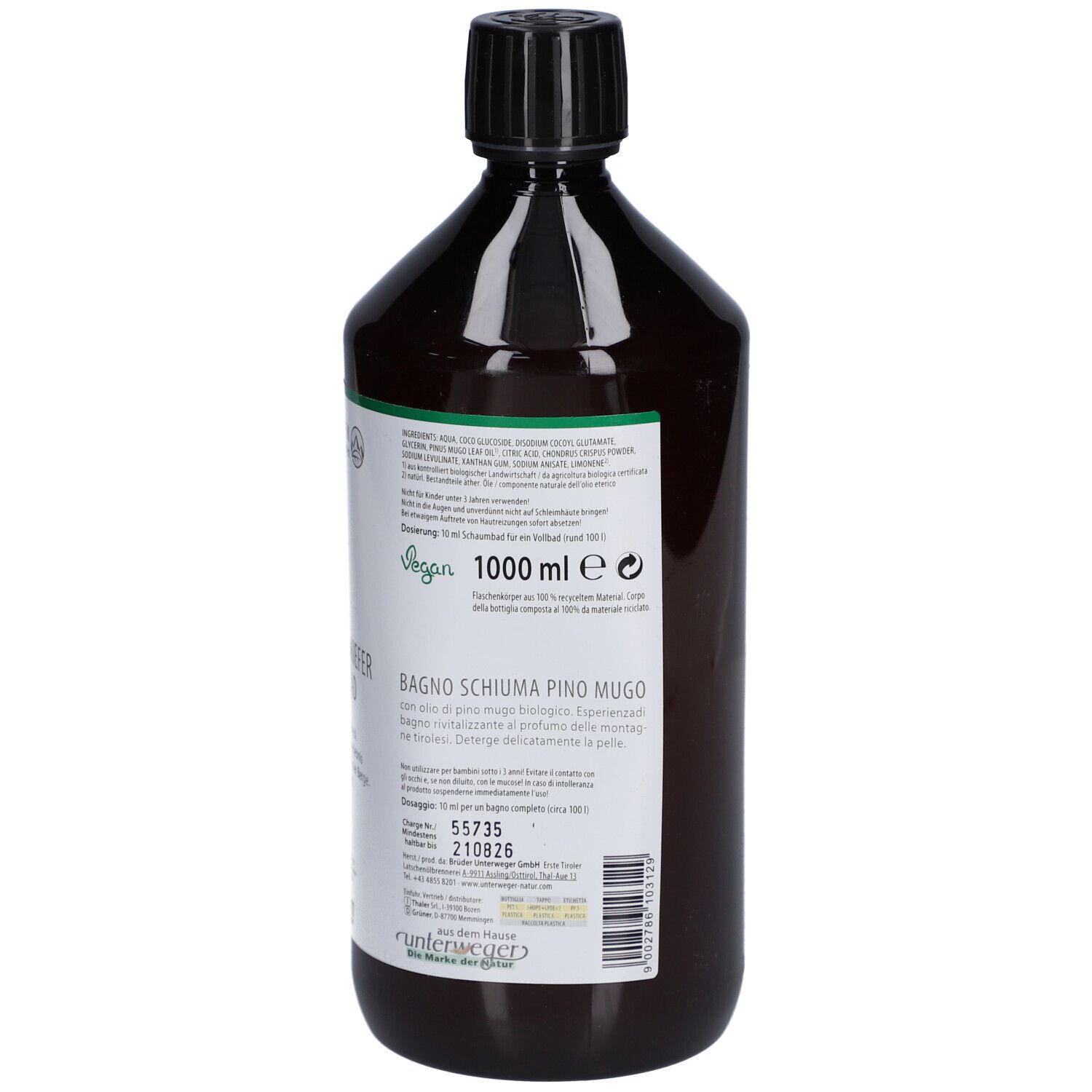 Braune Flasche mit schwarzem Deckel. Rückseite mit Etikett. Produktname: Latschenkiefer Schaumbad. Vegan-Siegel.