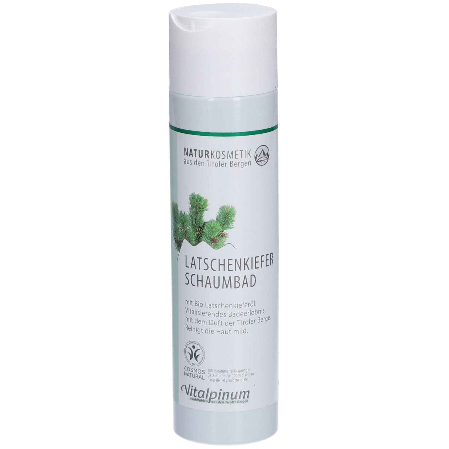 Weiße Flasche mit grünem Etikett. Text: Latschenkiefer Schaumbad. Naturkosmetik. Mit Bio-Latschenkieferöl.