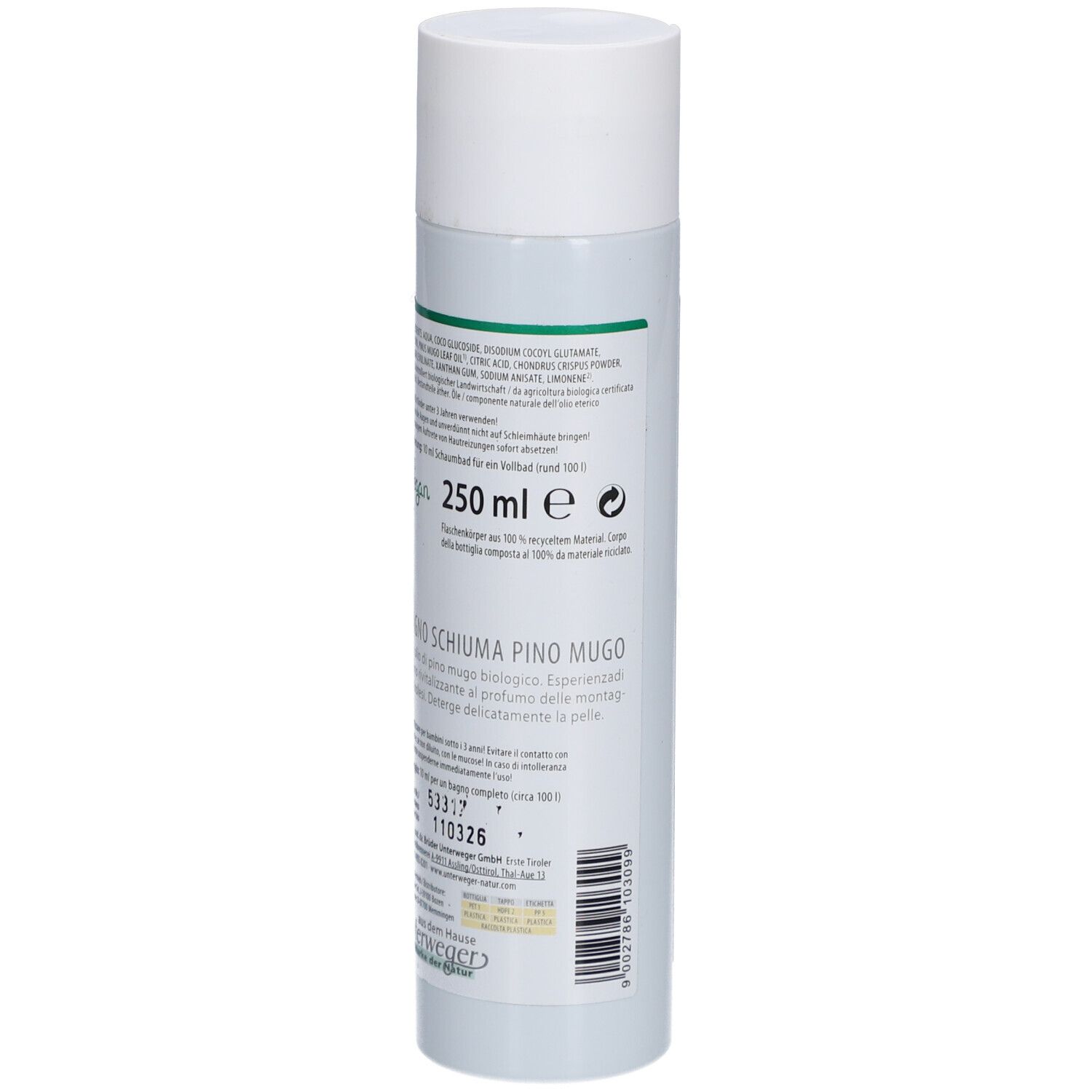 Rückseite der weißen Flasche. Text: Inhaltsstoffe, 250 ml, Vegan-Siegel. Barcode und Herstellerinformationen.