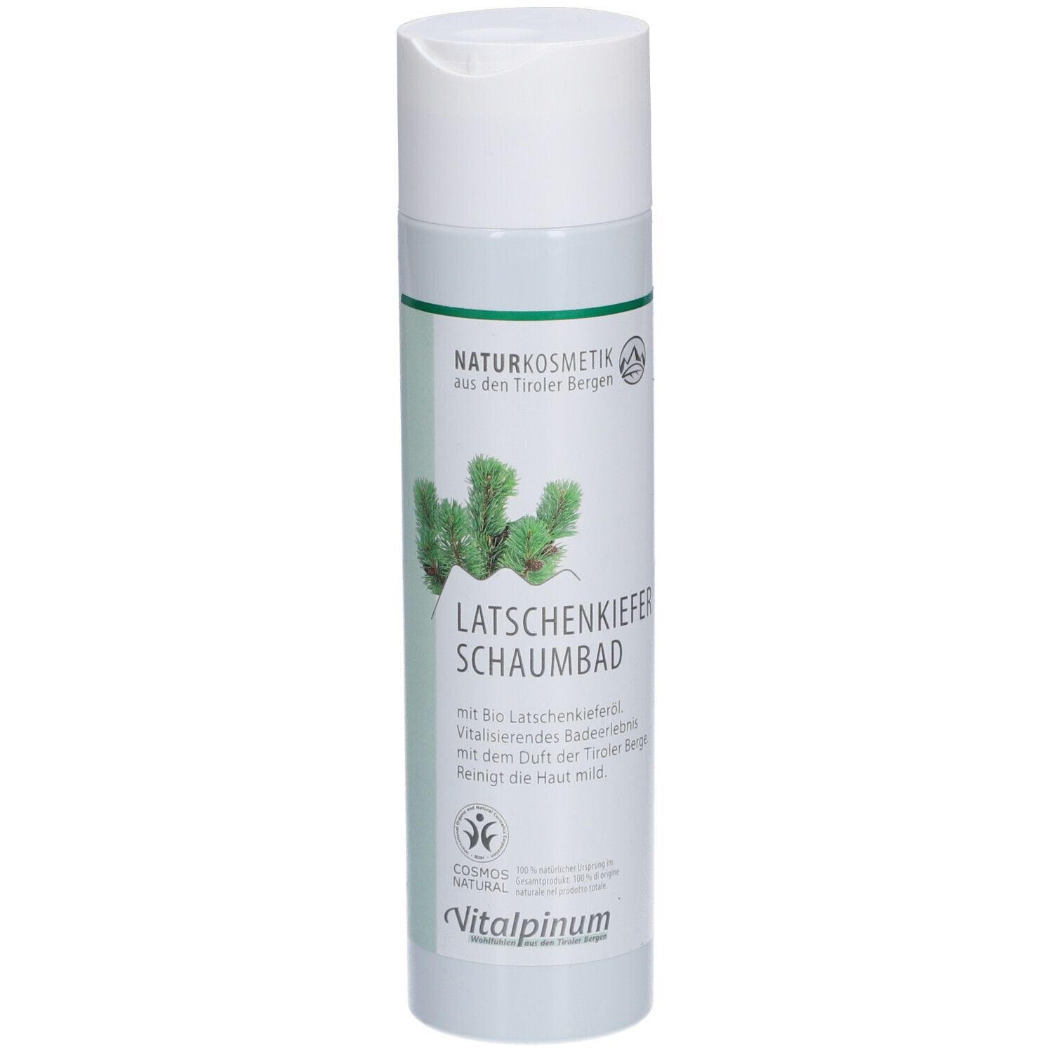 Weiße Flasche mit grünem Etikett. Text: Latschenkiefer Schaumbad. Naturkosmetik. Mit Bio-Latschenkieferöl.