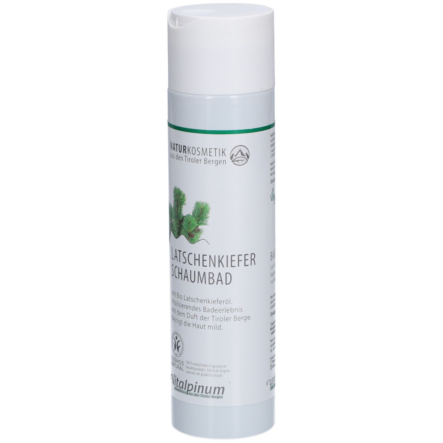 Weiße Flasche mit grünem Etikett. Text: Latschenkiefer Schaumbad. Naturkosmetik. Mit Bio-Latschenkieferöl.