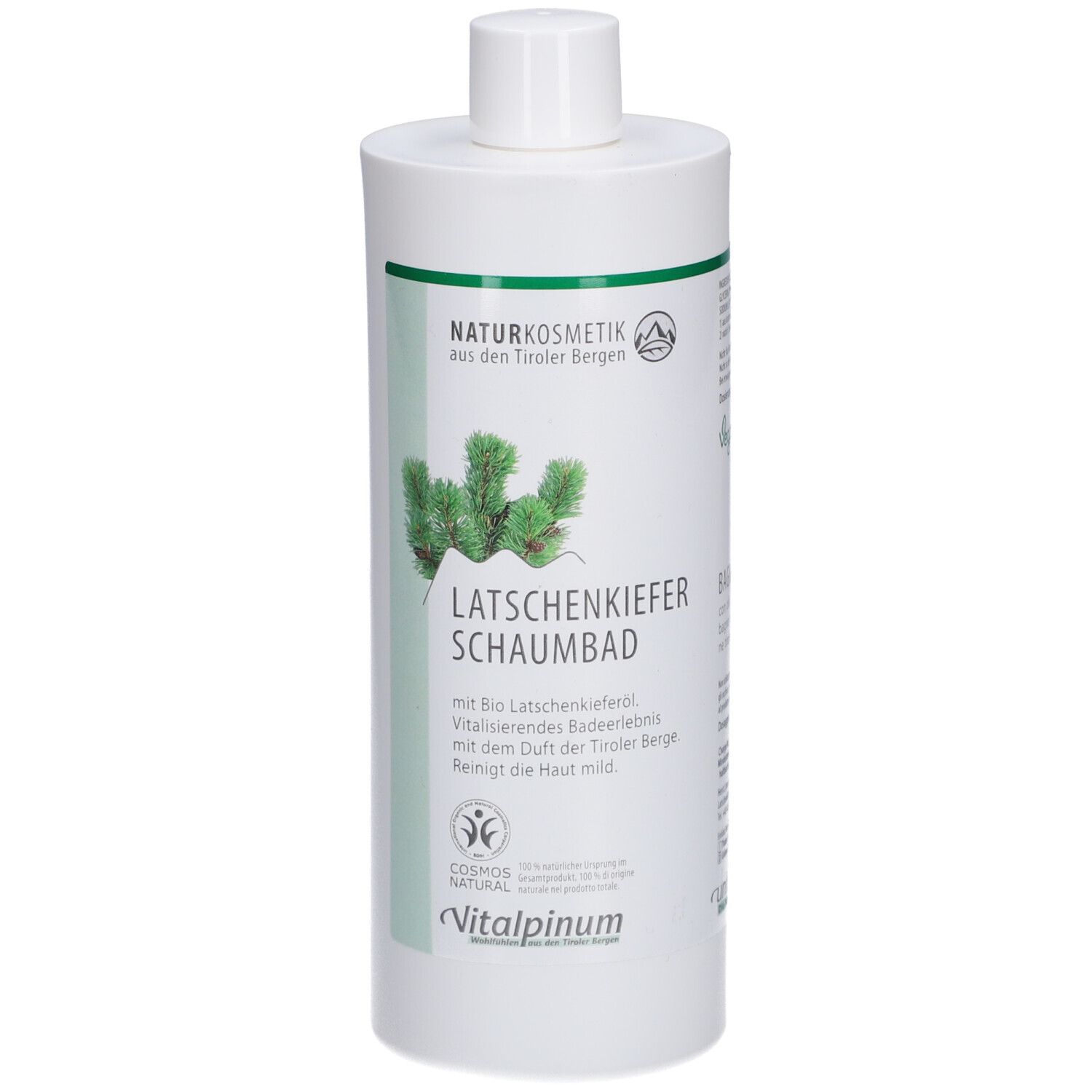 Weiße Flasche mit grünem Etikett. Aufschrift: Latschenkiefer Schaumbad, Naturkosmetik, Vitalpinum.