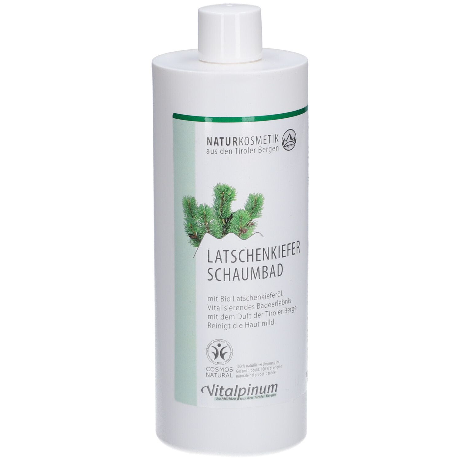 Weiße Flasche mit grünem Etikett. Aufschrift: Latschenkiefer Schaumbad, Naturkosmetik, Vitalpinum.