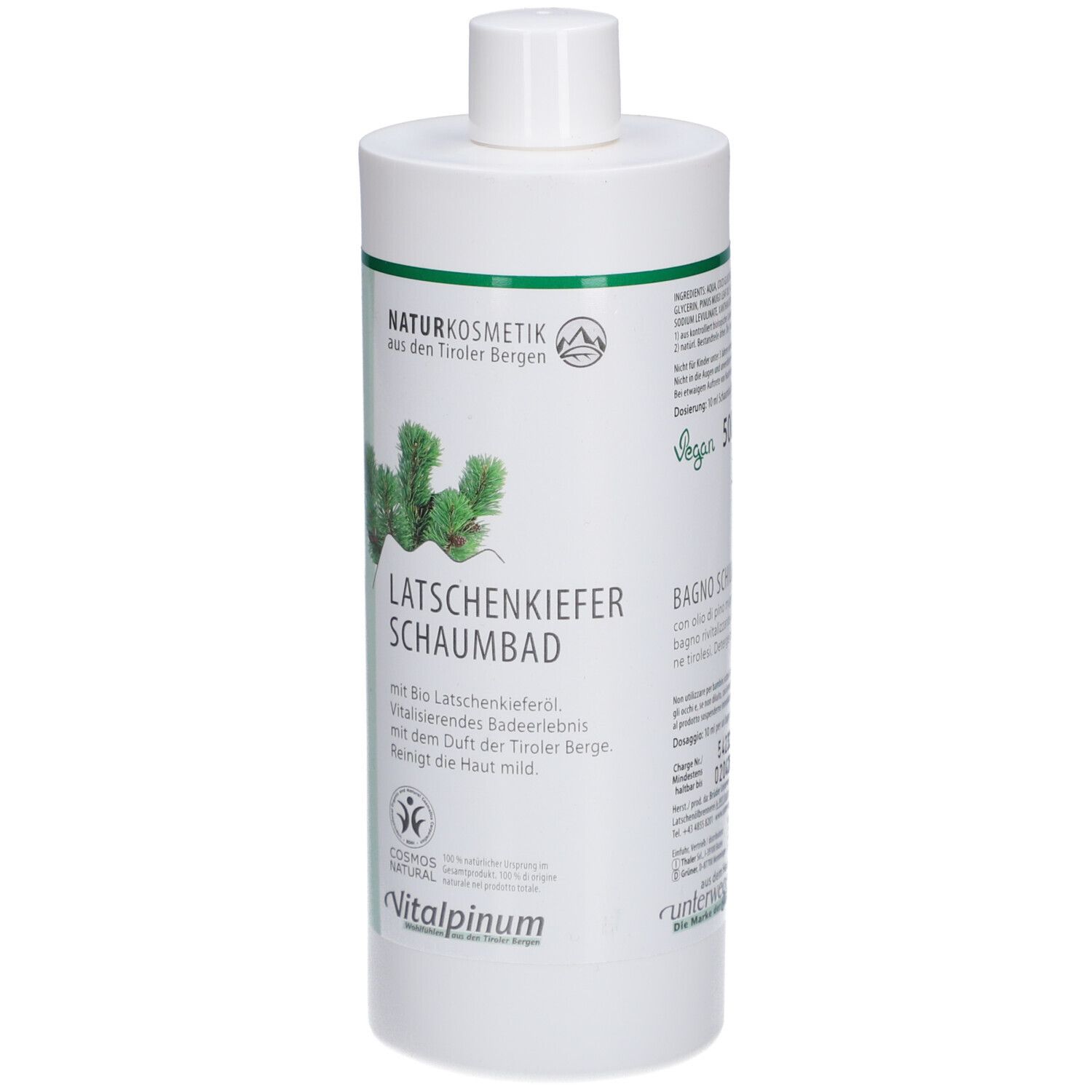 Weiße Flasche mit grünem Etikett. Aufschrift: Latschenkiefer Schaumbad, Vegan, Vitalpinum.