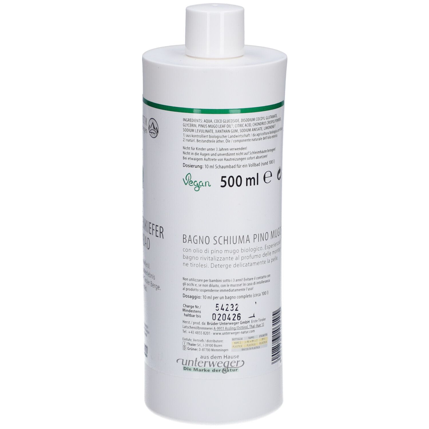 Weiße Flasche mit grünem Etikett. Rückseite mit Text, Vegan-Logo und 500 ml. Weißer Deckel.
