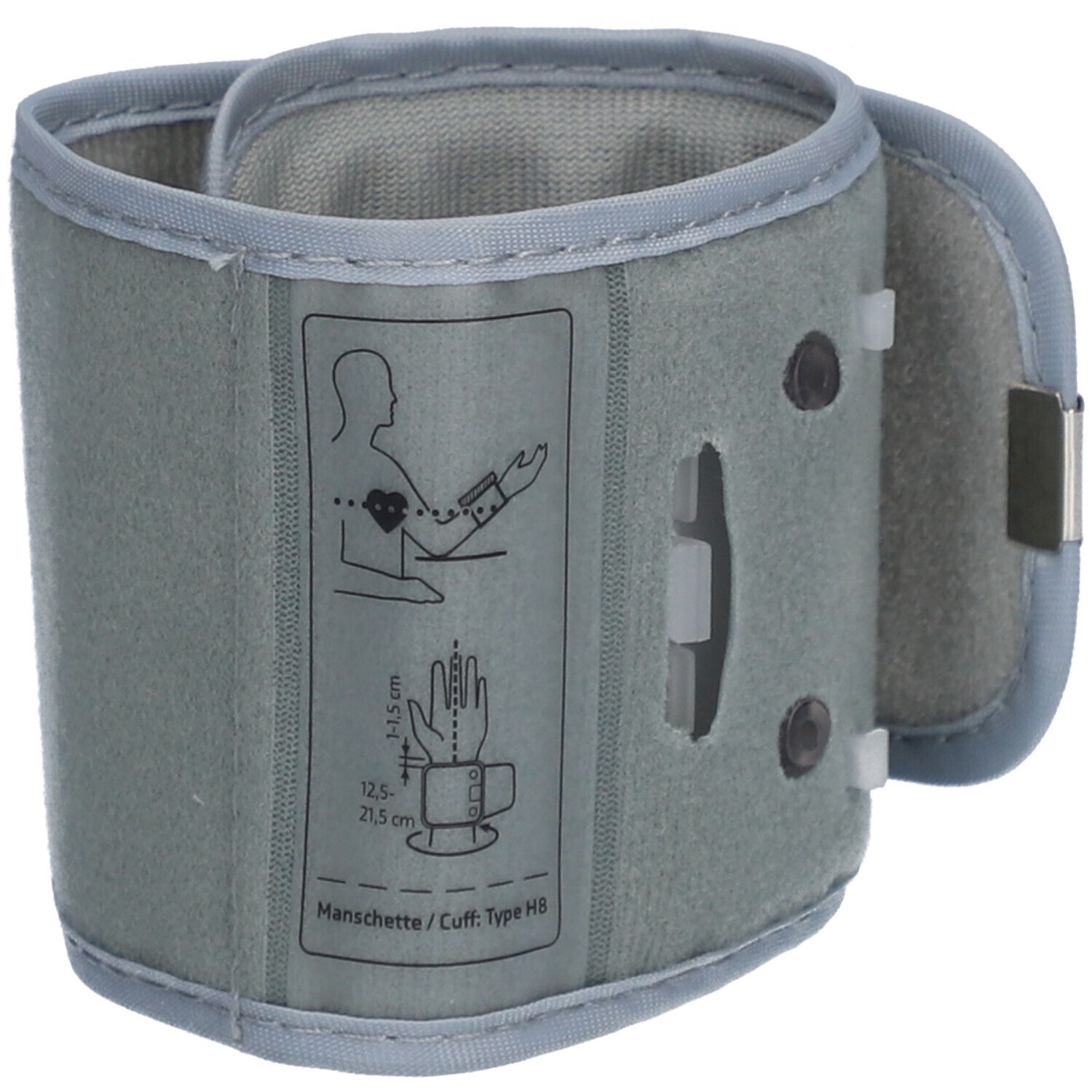 Graue Ersatzmanschette. Mit Abbildung zur Anwendung. Text: Manschette/Cuff: Type HB. Klettverschluss und Metallclip.