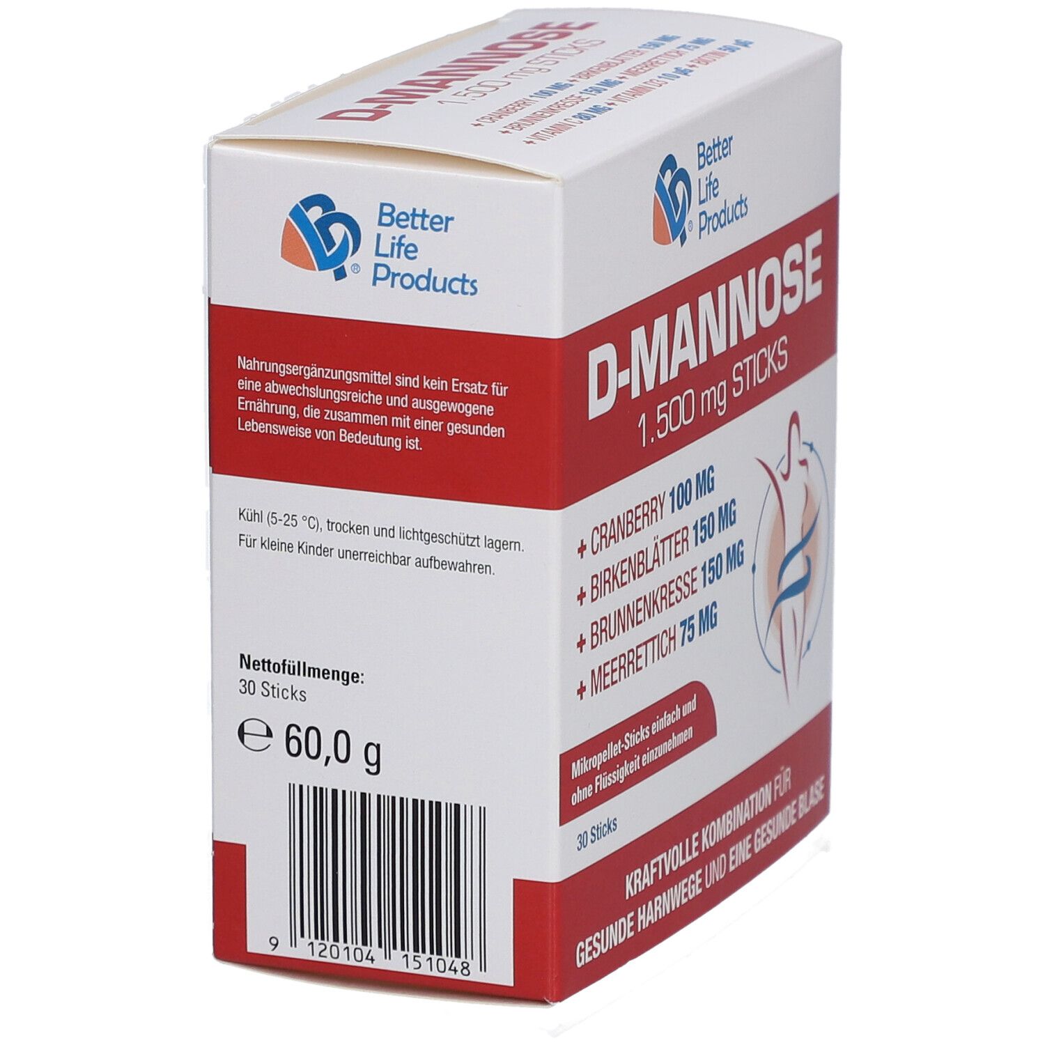 Weiße Schachtel mit roter Schrift. D-Mannose 1.500 mg Sticks. Enthält Cranberry, Birkenblätter, Brunnenkresse, Meerrettich. 30 Sticks.