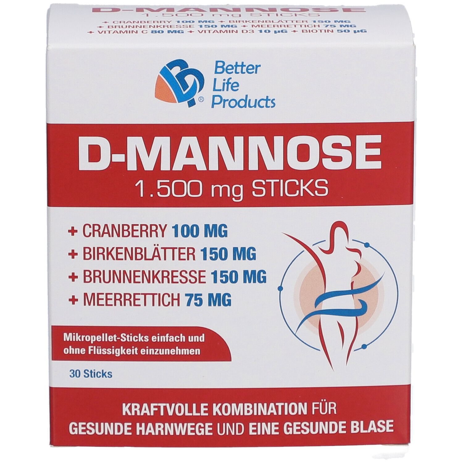 Weiße Schachtel mit roter Schrift. D-Mannose 1.500 mg Sticks. Enthält Cranberry, Birkenblätter, Brunnenkresse, Meerrettich. 30 Sticks.