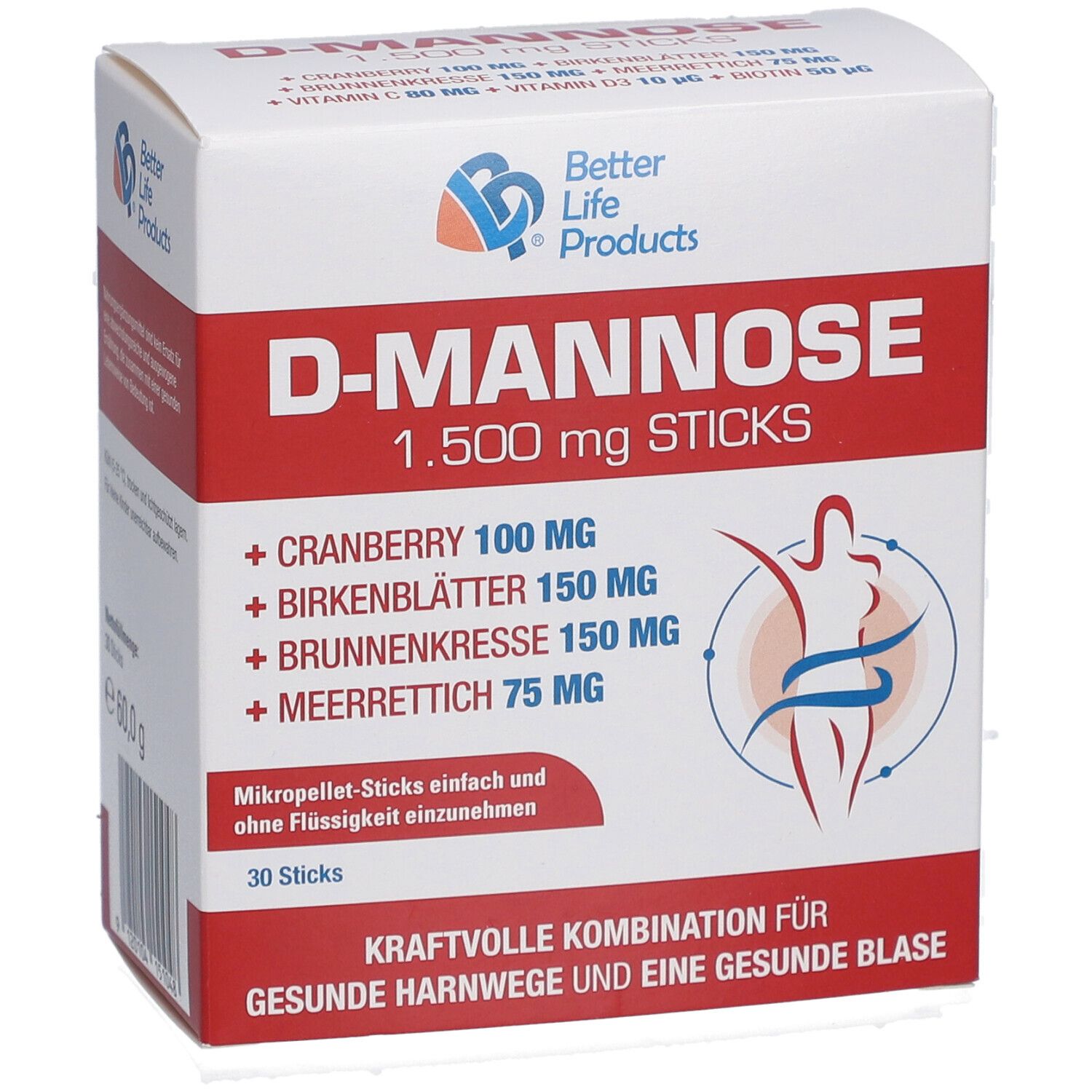 Weiße Schachtel mit roter Schrift. D-Mannose 1.500 mg Sticks. Enthält Cranberry, Birkenblätter, Brunnenkresse, Meerrettich. 30 Sticks.