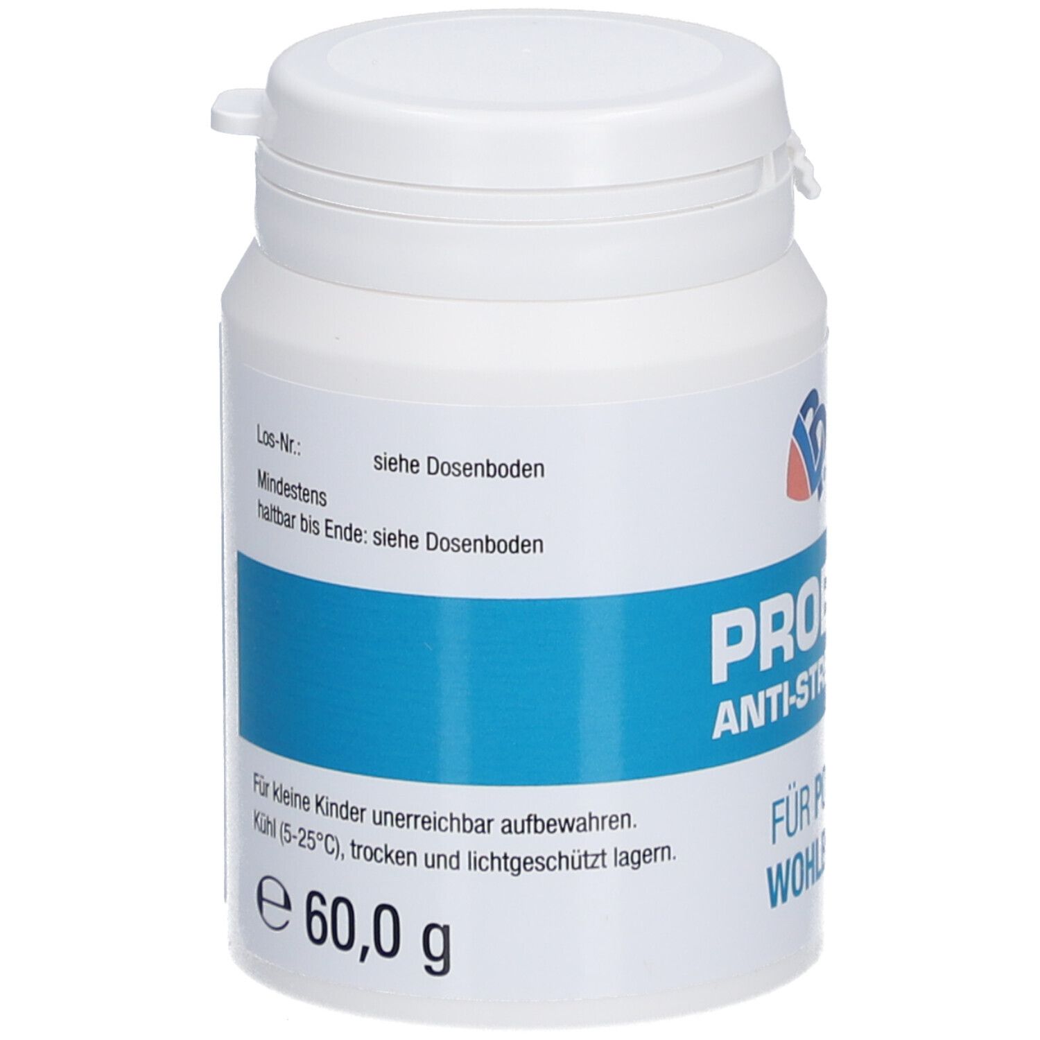 Weiße Dose mit blauem Streifen. Aufschrift: PROBIOTIC Anti-Stress Pulver. Enthält 60,0 g. Für Kinder unzugänglich aufbewahren.